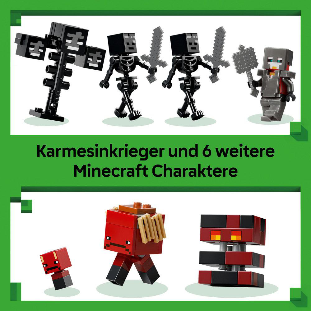Minecraft-Charaktere, darunter Skelette mit Schwertern, eine große schwarze Struktur und verschiedene rot-schwarze Blockfiguren.