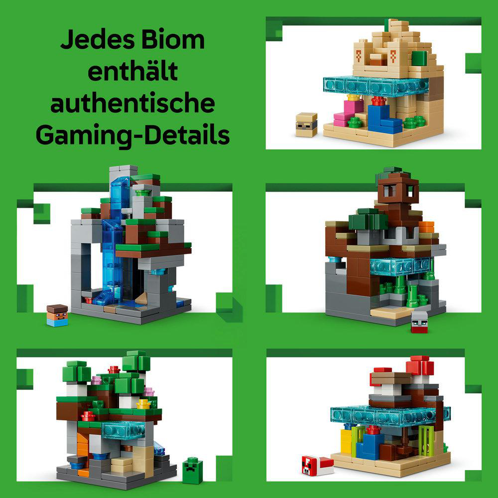 Das Bild zeigt vier Minecraft-Dioramen mit grünem Hintergrund. Jedes Diorama zeigt verschiedene Umgebungen und Charaktere aus dem Spiel.