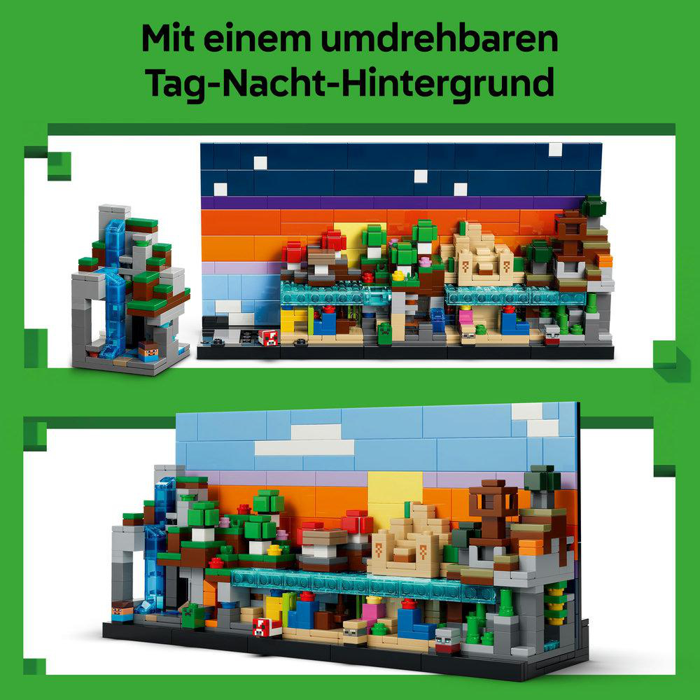 Das Bild zeigt ein Lego-Set mit Tag- und Nachthintergründen. Es zeigt einen Wasserfall, Bäume und Gebäude. Die Tagesszene hat einen blauen Himmel.