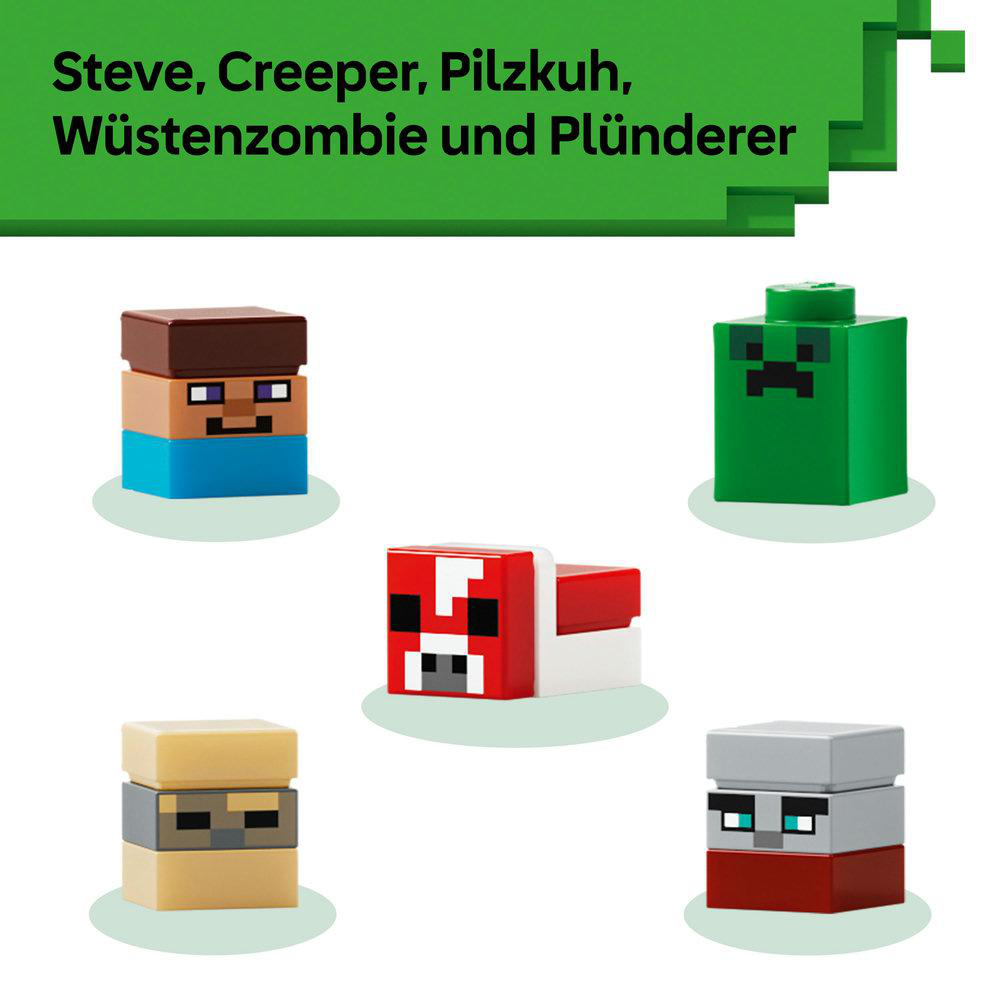 Minecraft-Figuren: Steve, Creeper, Pilzkuh, Wüstenzombie und Plünderer. Jeder Charakter ist ein blockiges, farbenfrohes Design.