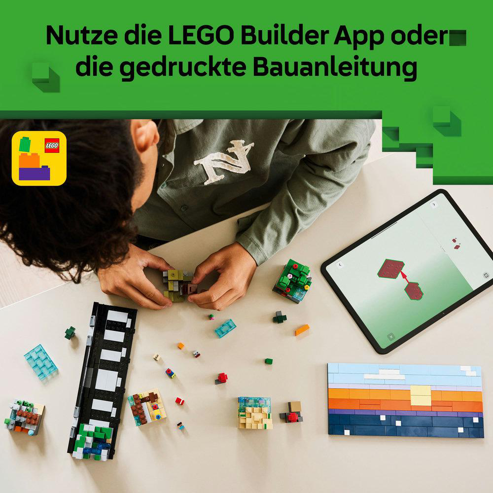 Eine Person baut mit LEGO-Steinen, befolgt Anweisungen auf einem Tablet. Verschiedene LEGO-Sets sind auf dem Tisch verstreut.
