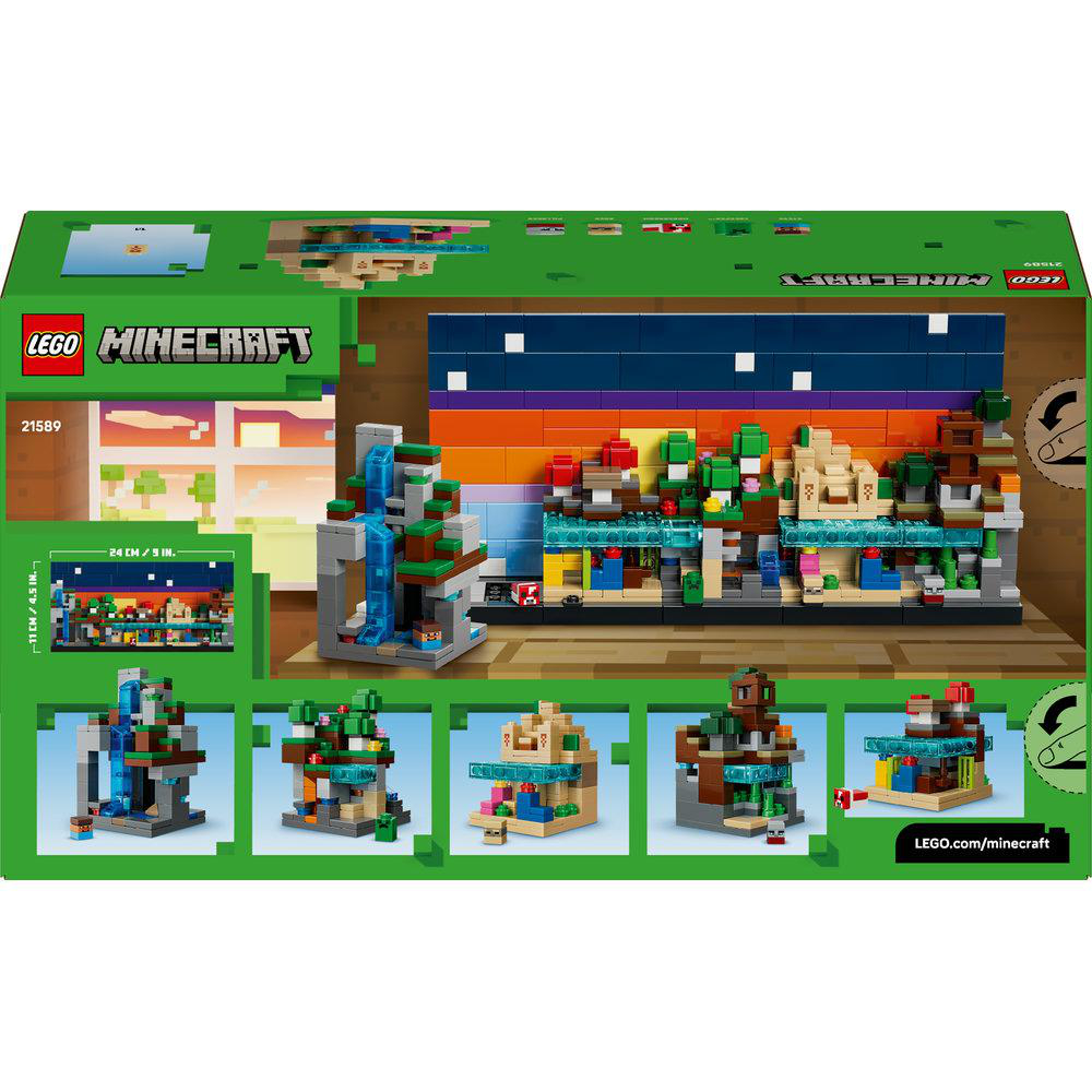Die LEGO Minecraft-Box zeigt einen Bau mit Wasserfall, Bäumen und Strukturen. Die Box ist grün mit den LEGO- und Minecraft-Logos.