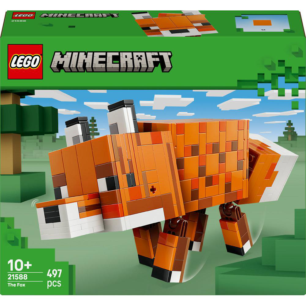 Ein Lego Minecraft-Set mit einem Fuchs aus orangefarbenen und braunen Blöcken, vor einem grünen Hintergrund mit Wolken und Bäumen.