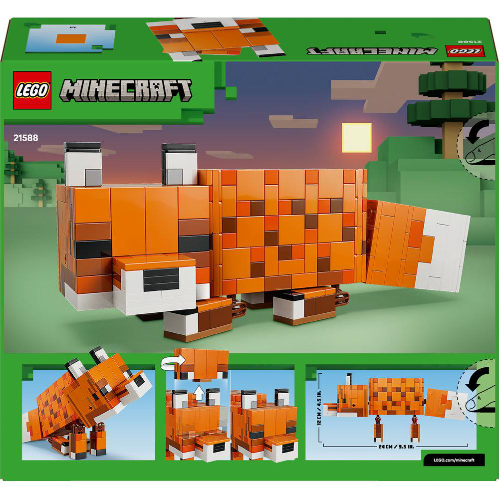 Eine Lego Minecraft-Set-Box. Sie zeigt ein großes Fuchmodell aus orangefarbenen und weißen Blöcken mit den Logos von Lego und Minecraft.