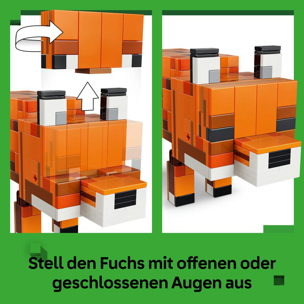 Das Bild zeigt ein Fuchsmuster aus Blöcken. Das Modell kann mit offenen oder geschlossenen Augen dargestellt werden. Pfeile zeigen verschiedene Positionen.