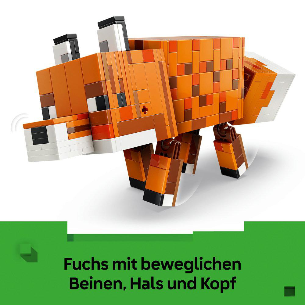 Ein Minecraft-Fuchsmodell aus Blöcken. Es ist orange, weiß und braun. Der Fuchs hat bewegliche Beine, Hals und Kopf. Es steht auf weißem Untergrund.