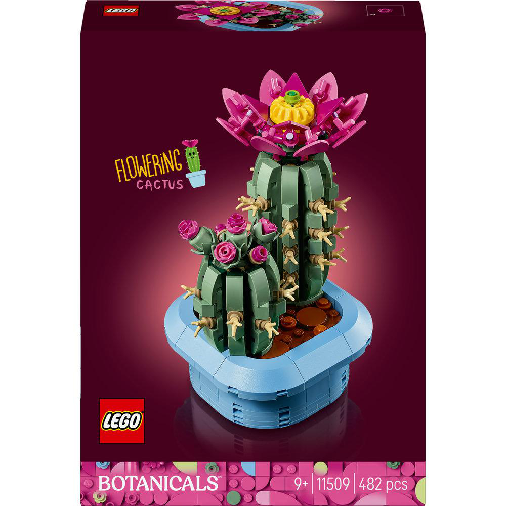 LEGO Blühender Kaktus Set. Die Box zeigt einen grünen Kaktus mit rosa Blüten in einem blauen Topf, vor einem dunkelrosa Hintergrund.