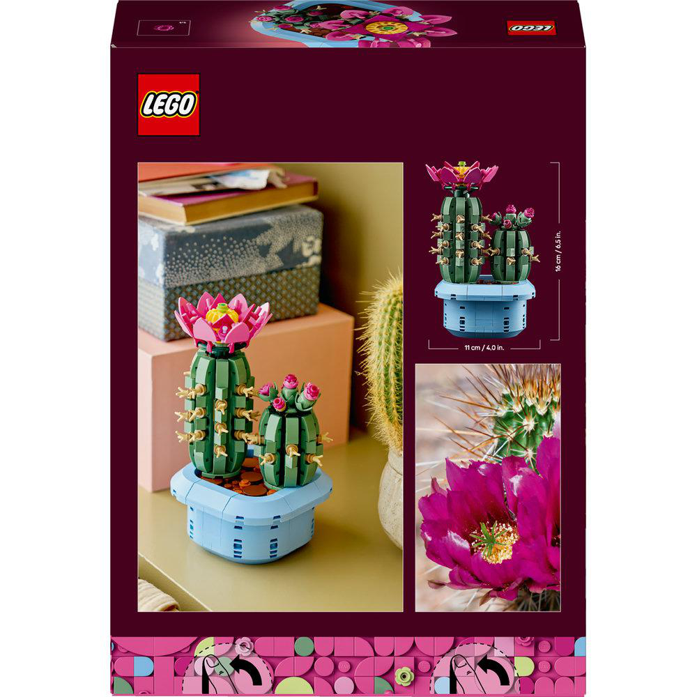 LEGO-Set-Box mit Kaktusmodellen. Grüne Kakteen mit rosa Blüten in einem blauen Topf. LEGO-Logo sichtbar.
