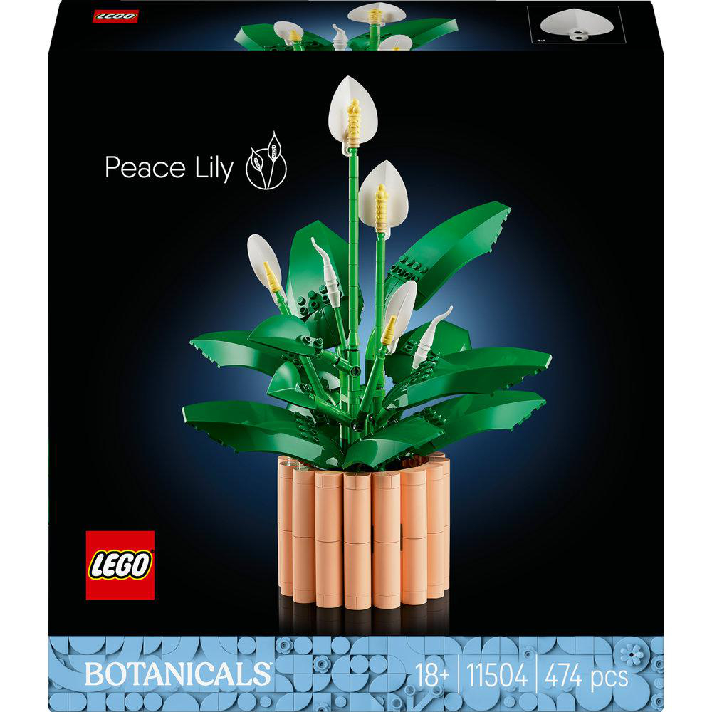 Ein Lego Peace Lily Set. Es zeigt weiße Blüten, grüne Blätter und einen beigen Topf. Die Schachtel zeigt den Namen und das Logo des Sets.