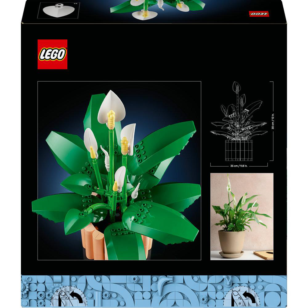 Ein Lego-Set einer Pflanze mit grünen Blättern, weißen Blüten und einem braunen Topf. Ein Diagramm und ein Foto einer echten Pflanze werden ebenfalls gezeigt.