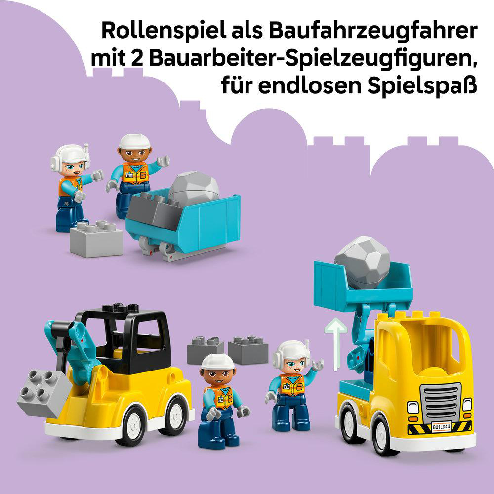 Das Bild zeigt Spielzeug-Baufahrzeuge und -Figuren. Gelbe und blaue Fahrzeuge, Arbeiter mit Helmen und Bausteine sind zu sehen.