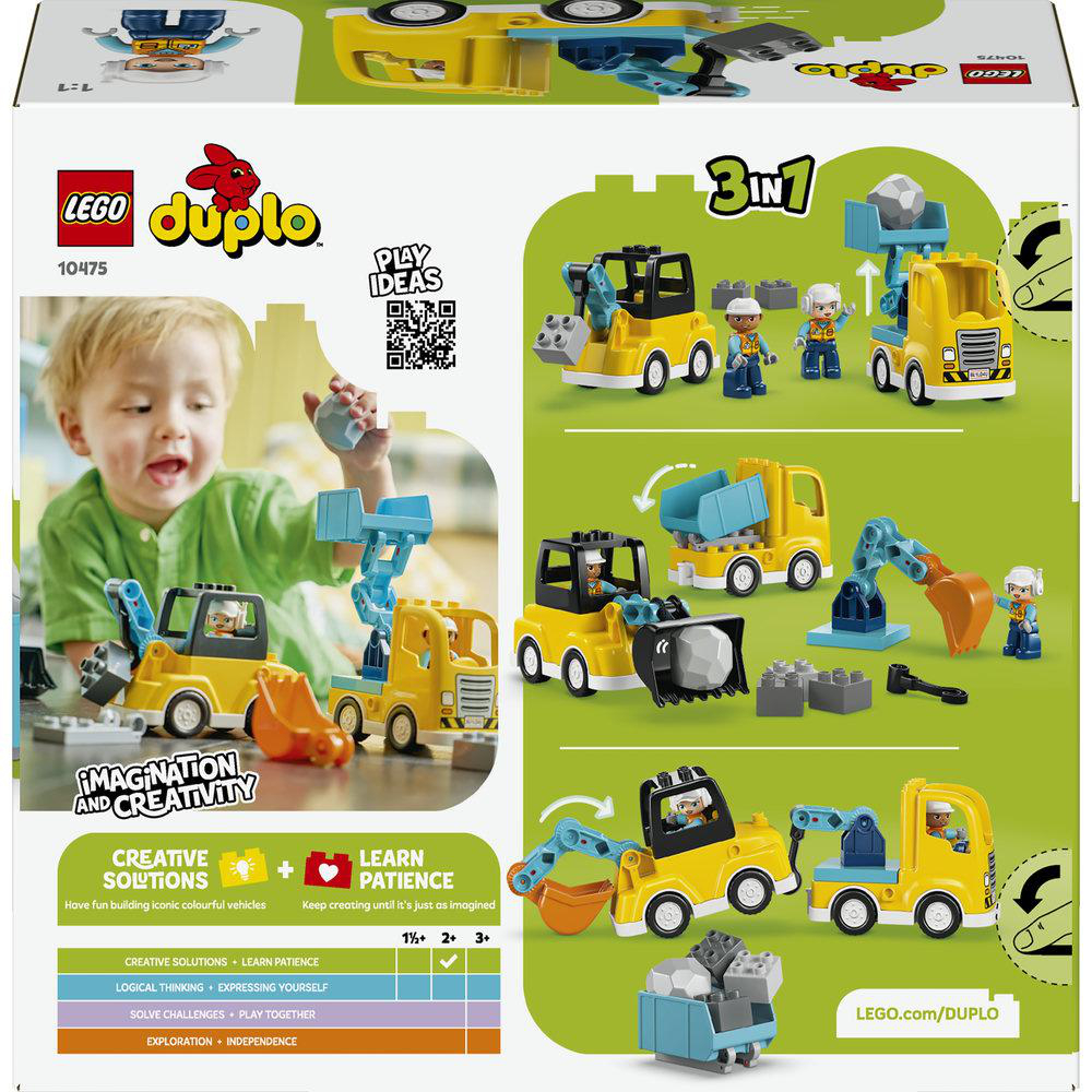 Eine Lego Duplo-Box mit einem spielenden Kind. Es zeigt verschiedene Baufahrzeuge und ein Kind, das ein Spielzeug hält.