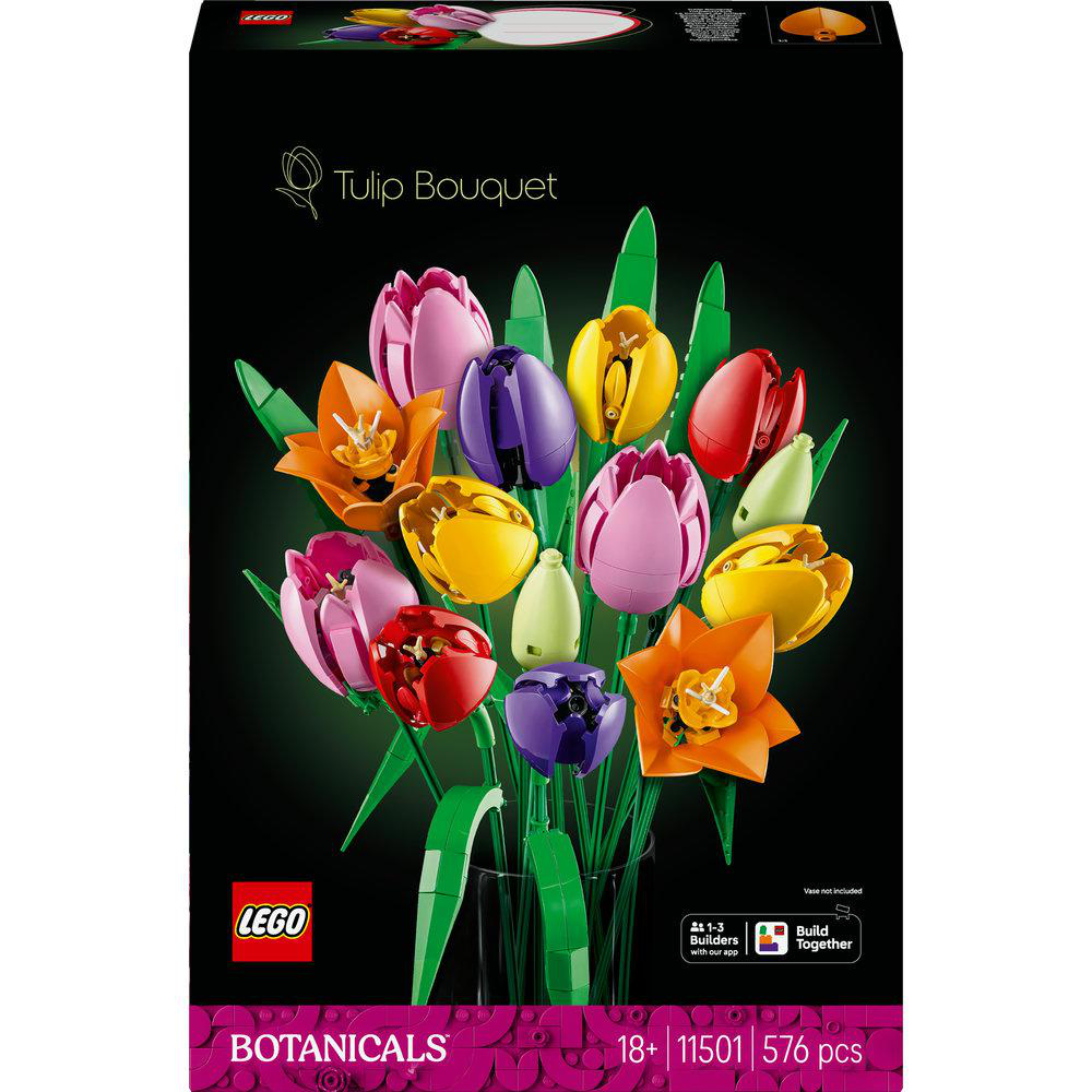 Eine Lego-Box zeigt einen Tulpenstrauß mit verschiedenfarbigen Blumen und grünen Stielen. Text enthält 'Tulip Bouquet' und 'Botanicals'.