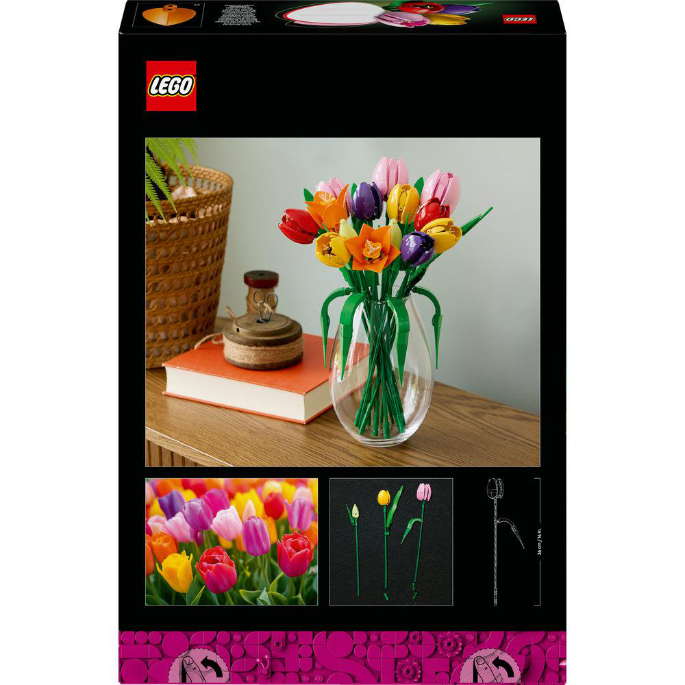 LEGO-Tulpen in einer Vase auf einer Holzoberfläche. Enthält zusätzliche Bilder von Tulpen und Diagrammen.