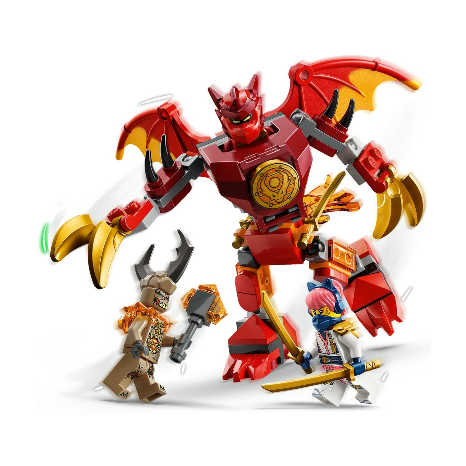 Un robot Lego rosso con artigli e ali dorate affronta due personaggi Lego. Un personaggio tiene un martello, l'altro una spada. Sfondo bianco.