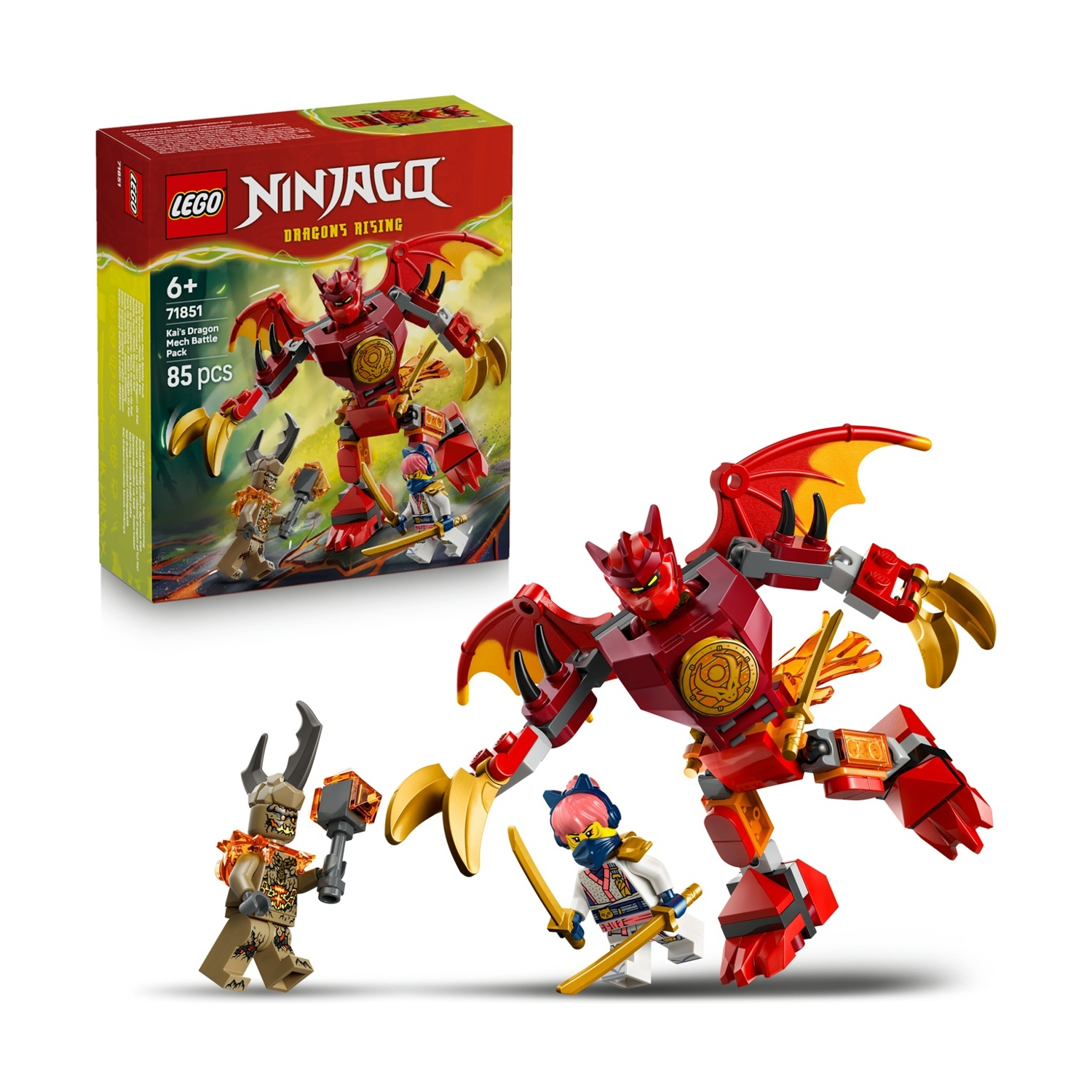 Un set Lego Ninjago, con un mech drago rosso e diverse minifigure. Nella immagine è presente anche una scatola del set Lego.