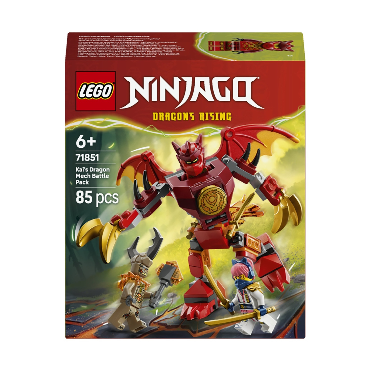Illustrazione della scatola Lego Ninjago. Un drago meccanico rosso combatte piccole figure Lego. La scatola dice 6+, 71851, Kai's Dragon Mech Battle Pack e 85 pezzi.
