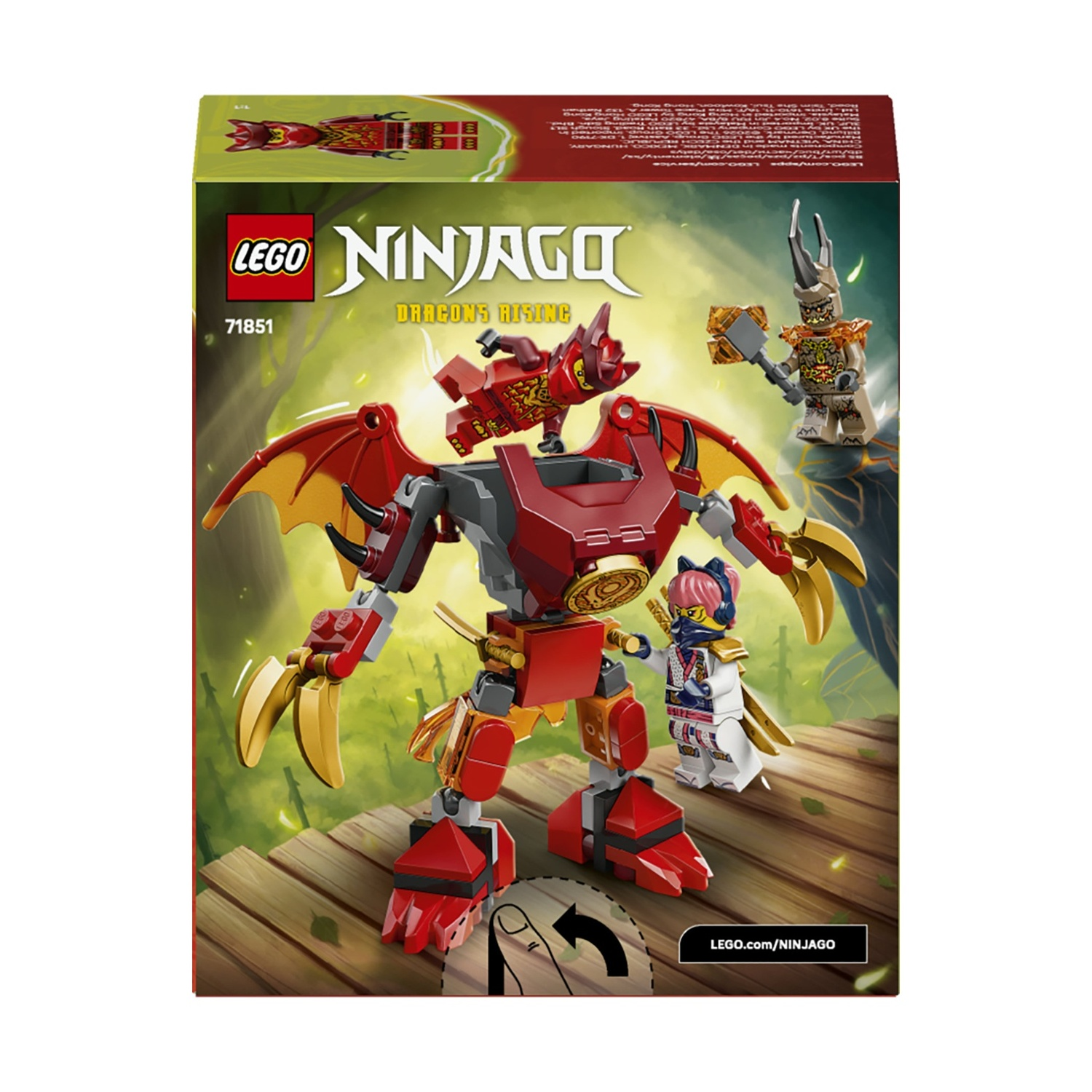 Illustrazione della scatola di Lego Ninjago. Un mech rosso, un drago e tre minifigure su un ponte di legno, in una foresta.