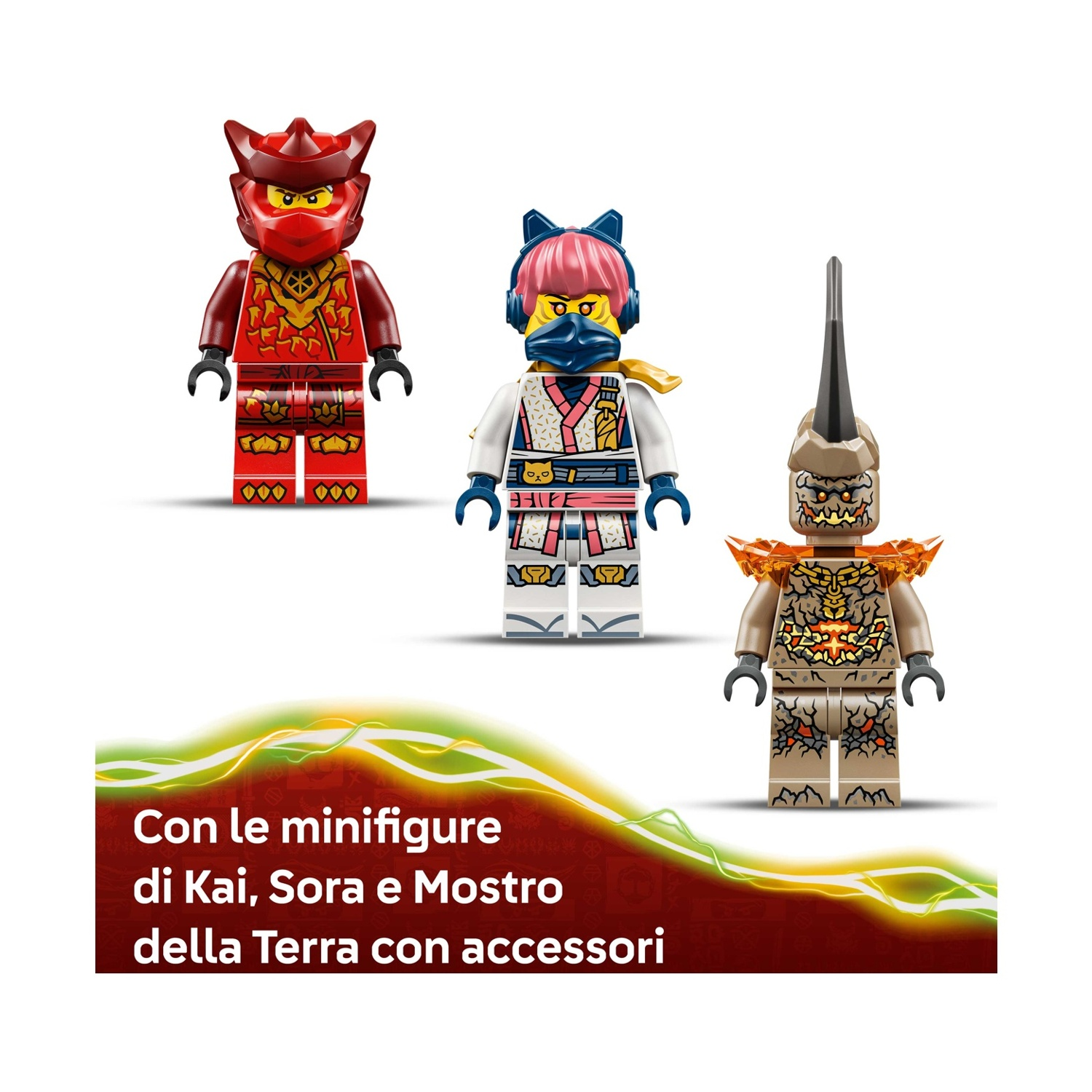 Tre minifigure Lego: Kai in rosso, Sora con i capelli rosa e un mostro marrone. Lo sfondo ha un bagliore arancione e verde.