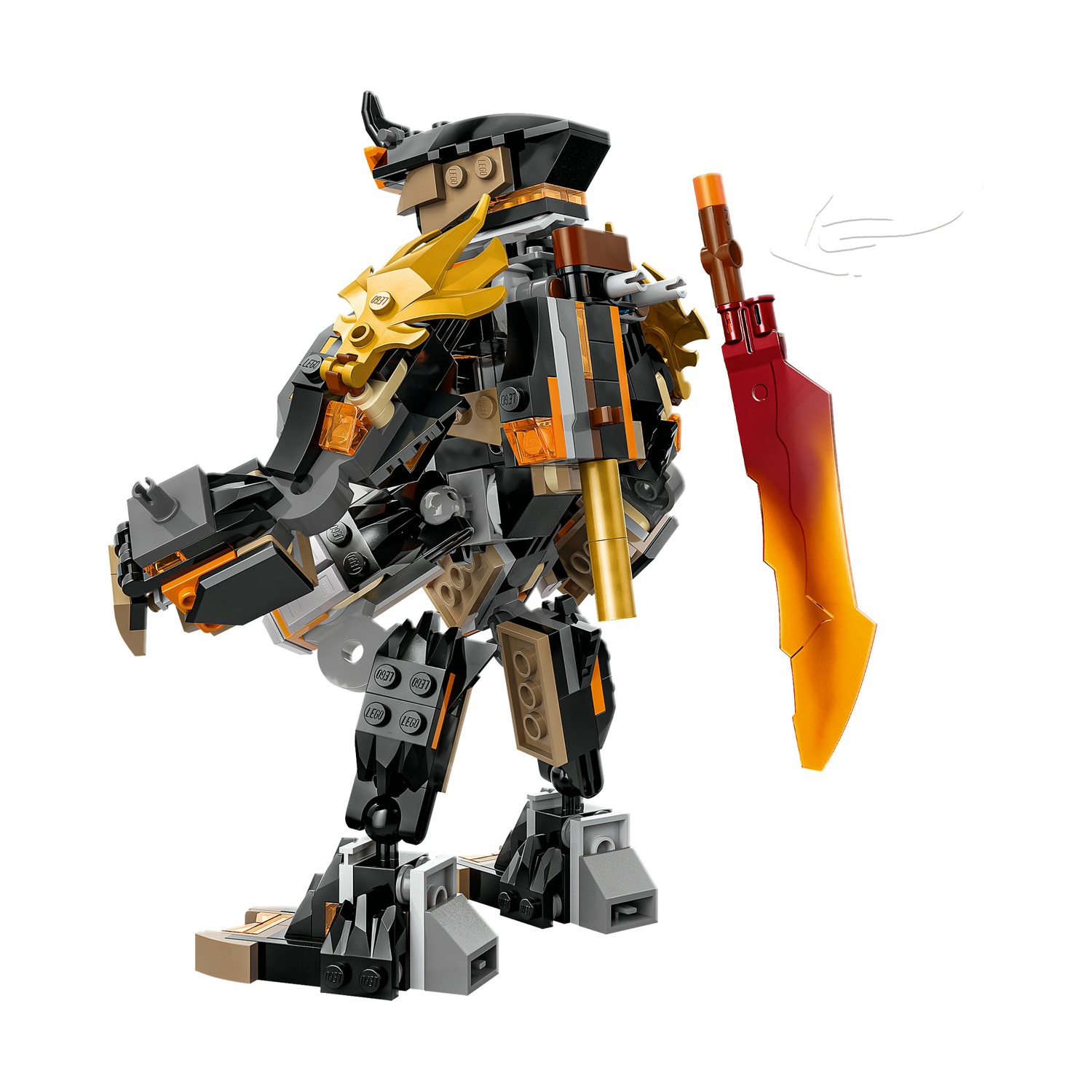 Un robot Lego con dettagli neri, oro e arancioni, che tiene una spada. Ha una testa cornuta e un'armatura dettagliata.