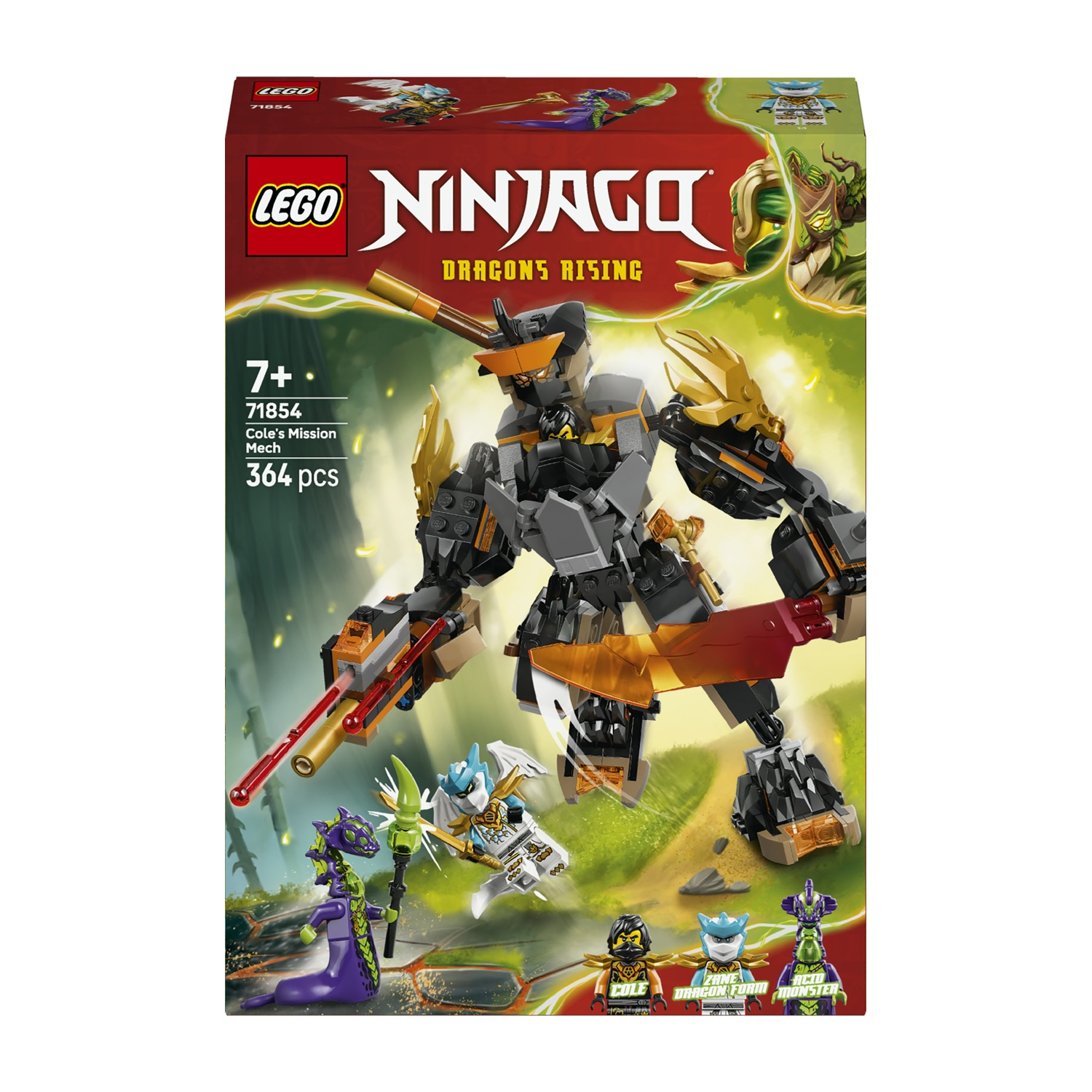 Confezione Lego Ninjago. Un mech con dettagli oro e neri. Include le figure di Cole, Zane Dragon Form e Acid Monster.