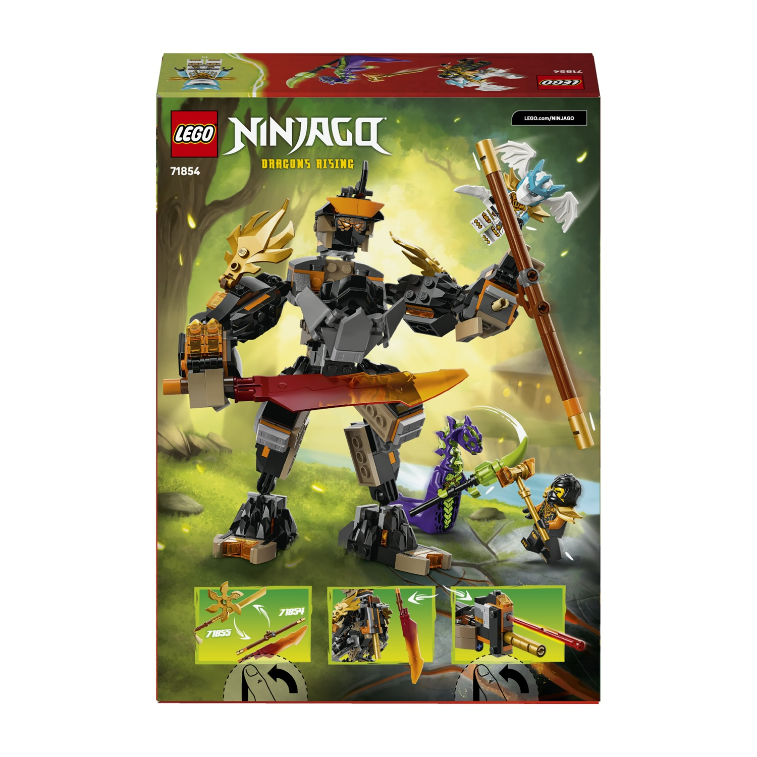 Illustrazione della scatola Lego Ninjago. Un mech con dettagli oro e neri. Include minifigure, un drago viola e un'arma d'oro.