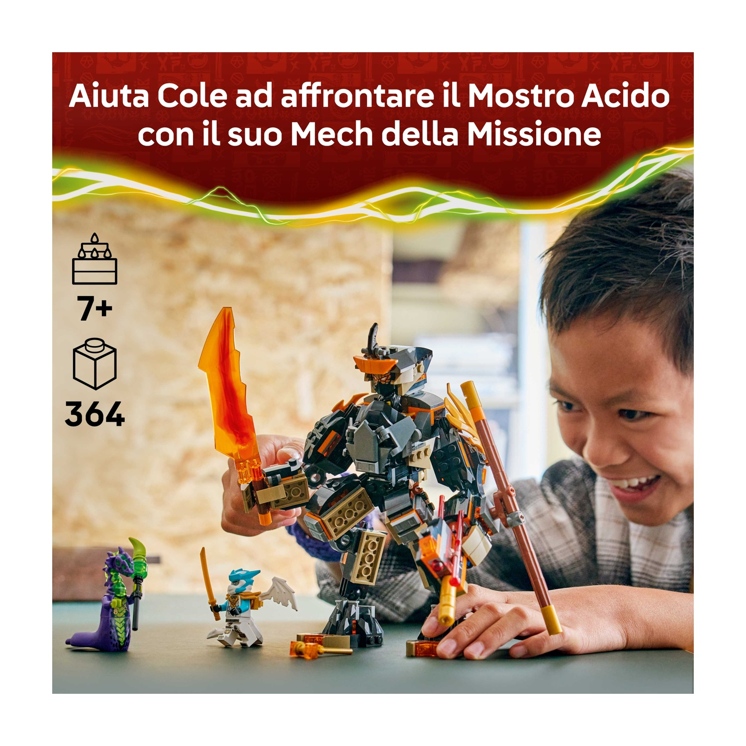 Un ragazzo sorride, tenendo un mech Lego con una spada infuocata. Personaggi Lego combattono il mech. Il testo dice: 'Aiuta Cole ad affrontare il Mostro Acido'.