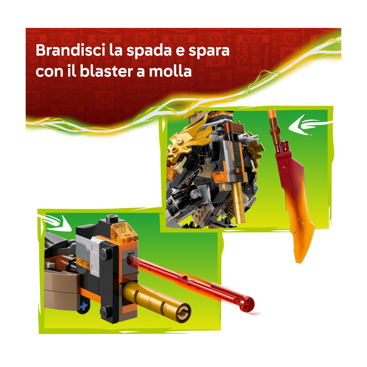 L'immagine mostra giocattoli Lego. Un personaggio Lego con la testa d'oro. Una spada rossa e arancione. Un blaster che spara un raggio rosso.