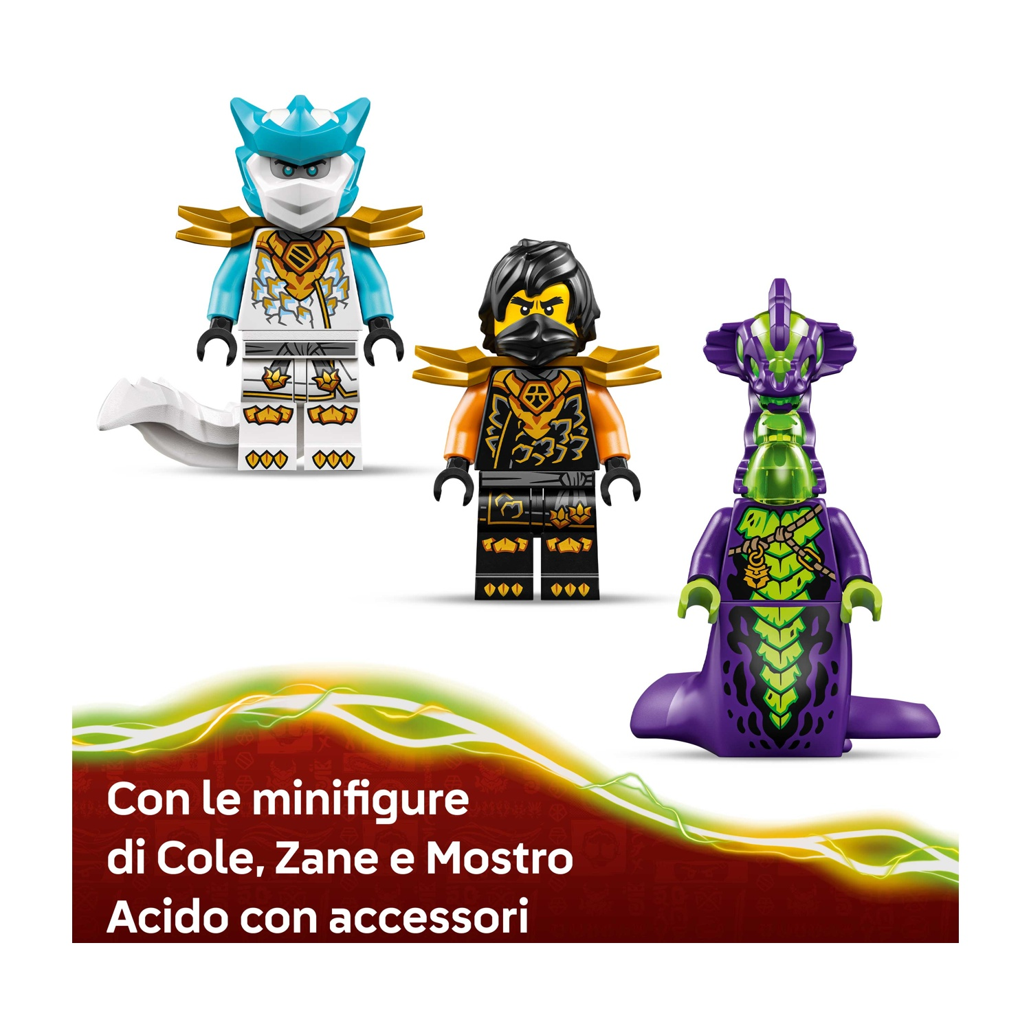 Tre minifigure Lego: Cole, Zane e un mostro viola con dettagli verdi. Sono esposte su sfondo bianco.