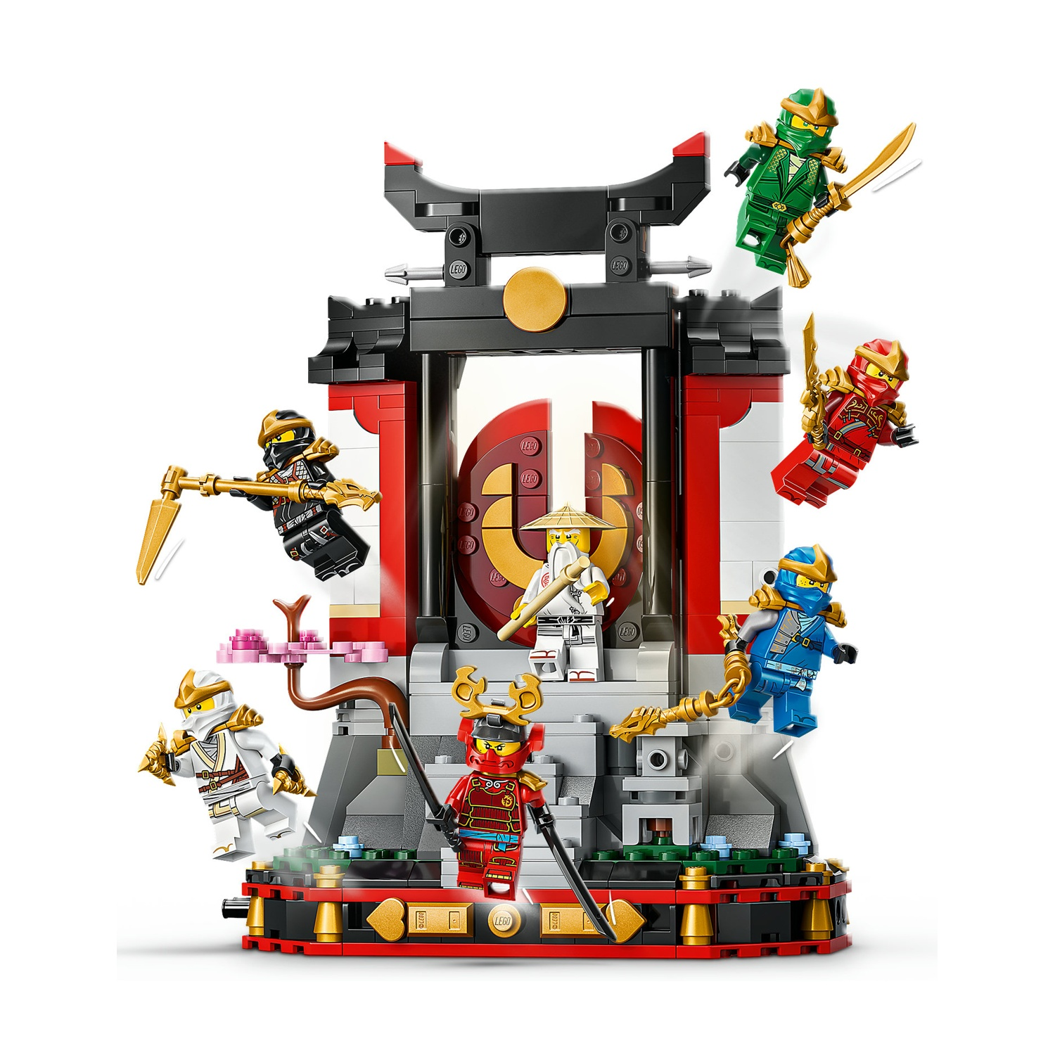 Set Lego Ninjago con più personaggi ninja in pose d'azione attorno a una struttura a forma di tempio. Personaggi in vari colori e con armi.
