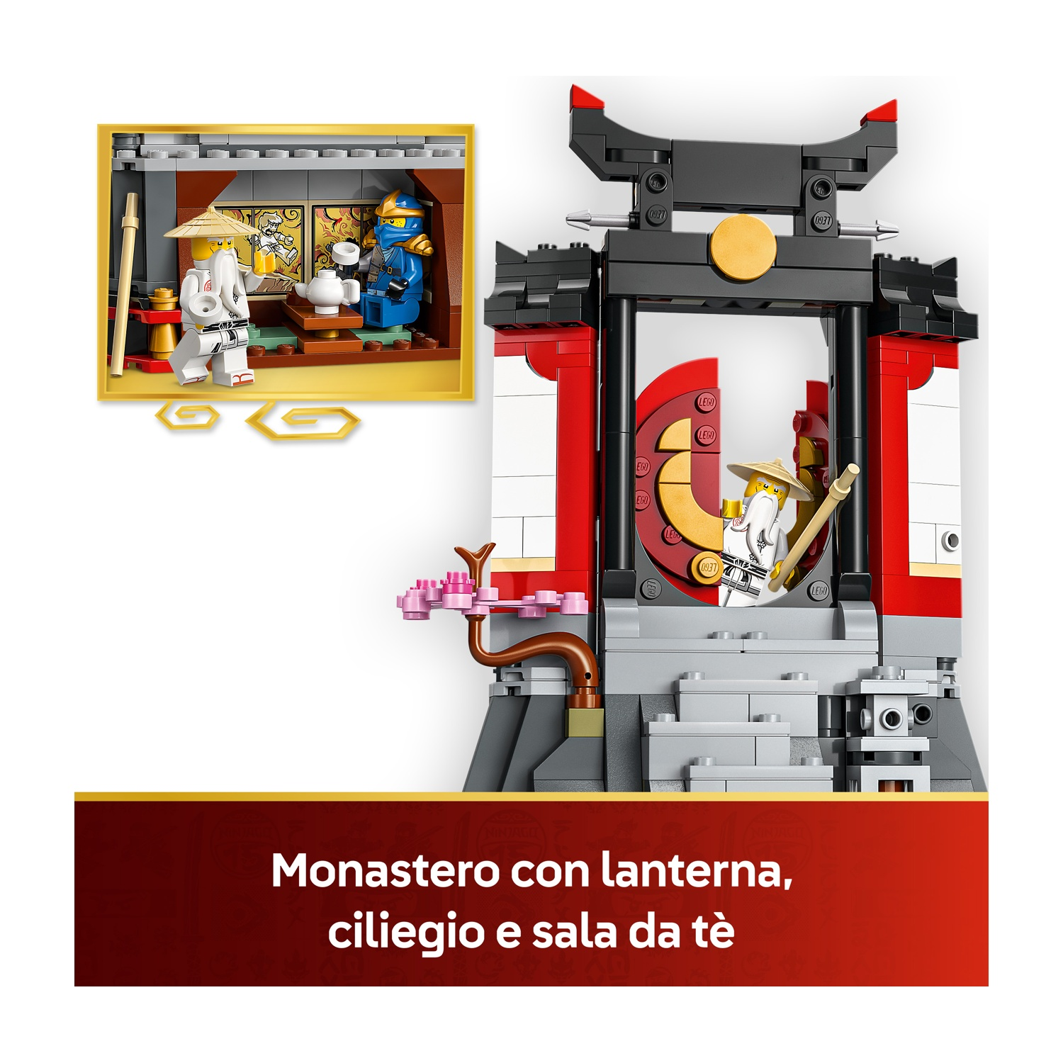 Un set Lego raffigurante un tempio giapponese con minifigure. La scena include una sala da tè, un albero di ciliegio in fiore e una lanterna.