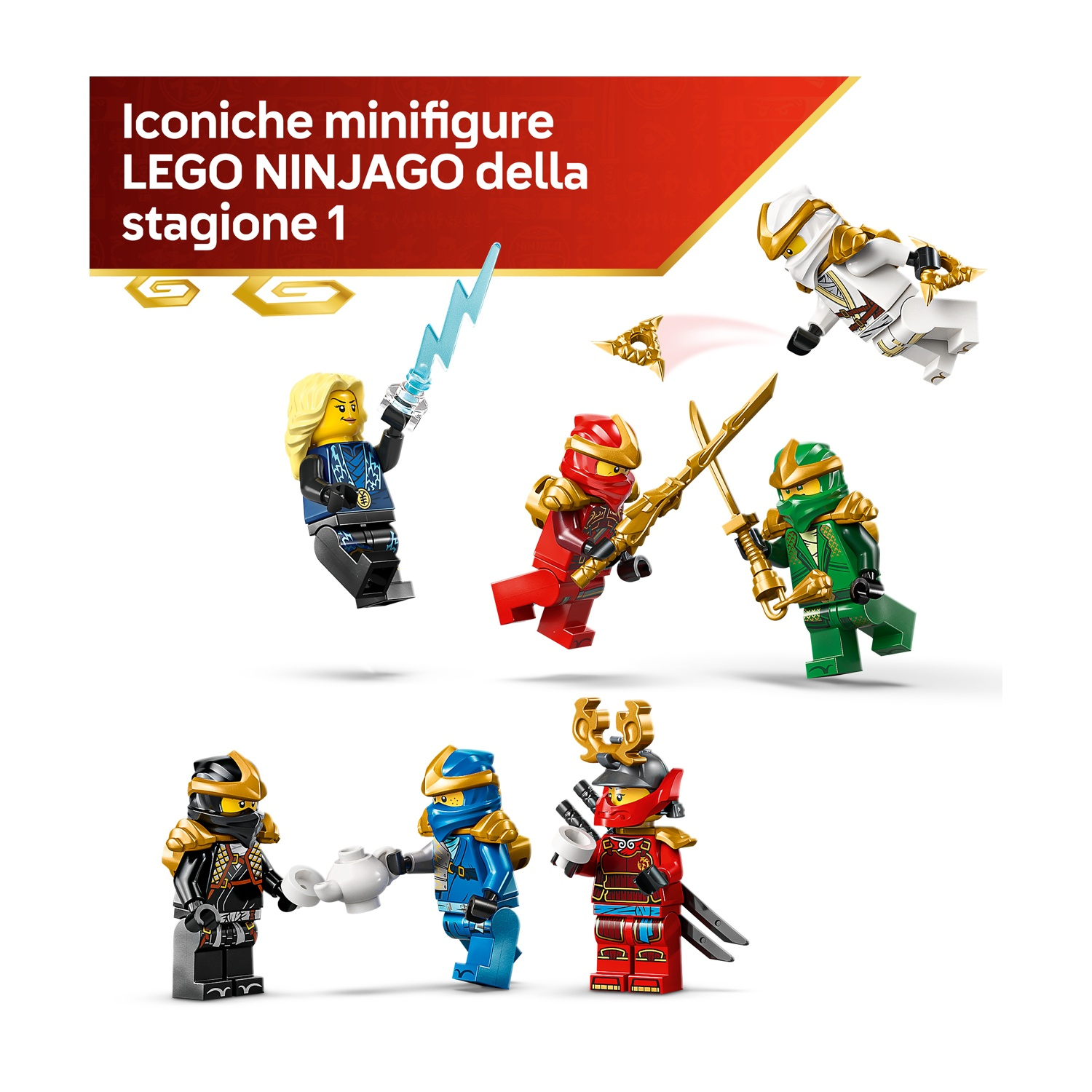 Minifigure LEGO Ninjago. Personaggi in varie pose, alcuni combattono, altri impugnano armi. Testo in italiano.