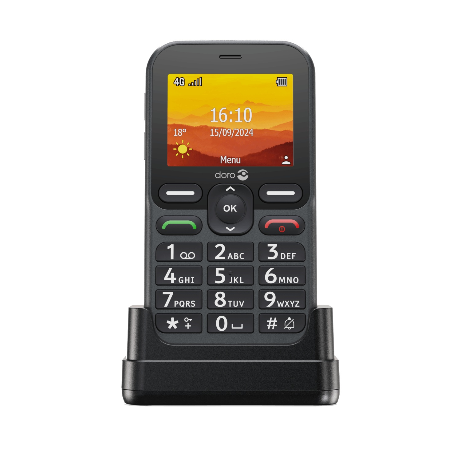 A black Doro mobile phone on a black charging stand. The screen displays the time, date, and a landscape. Buttons below the screen.