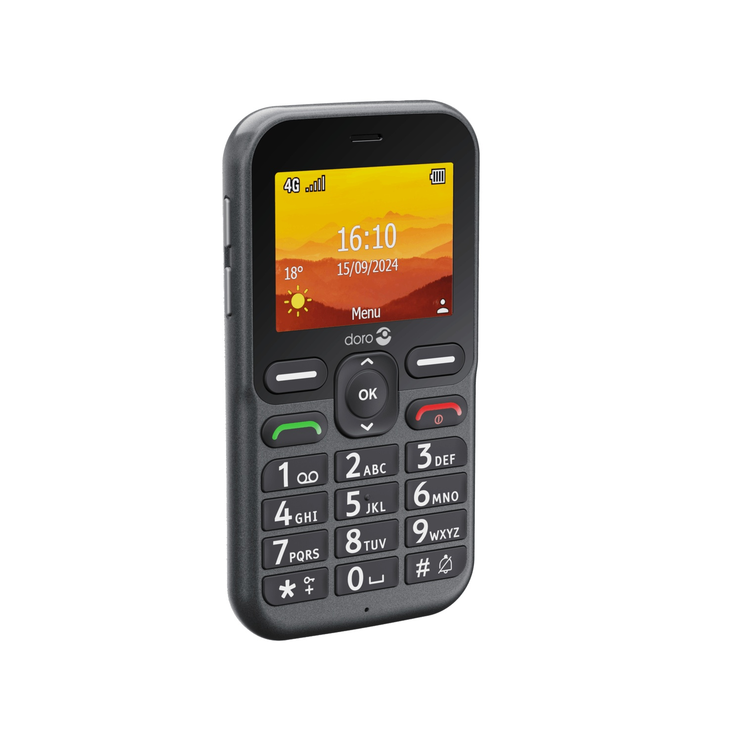 A black Doro mobile phone displays the time and date. The phone has large buttons and a simple interface. The screen shows a landscape.