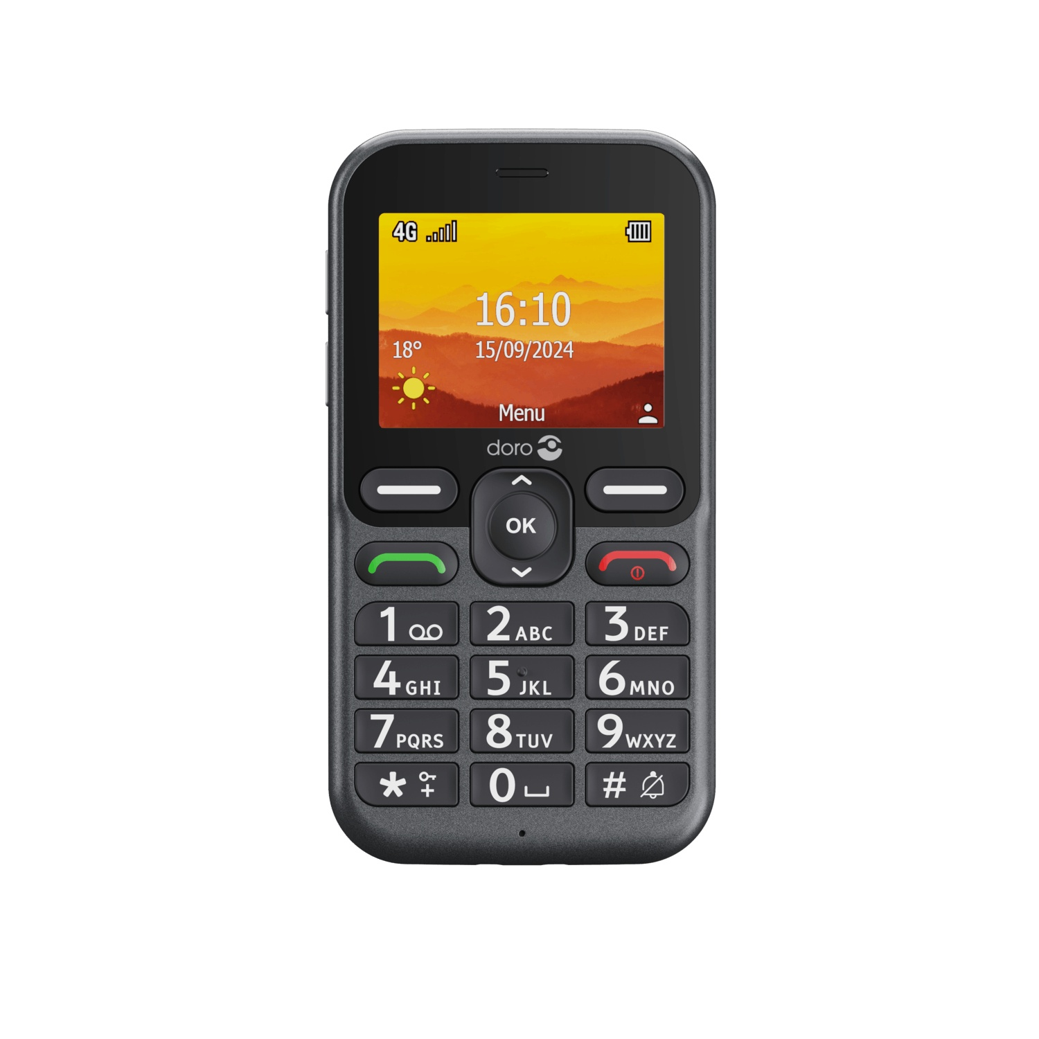 A black Doro mobile phone displays time, date, and signal. It has a keypad with large buttons and an OK button.