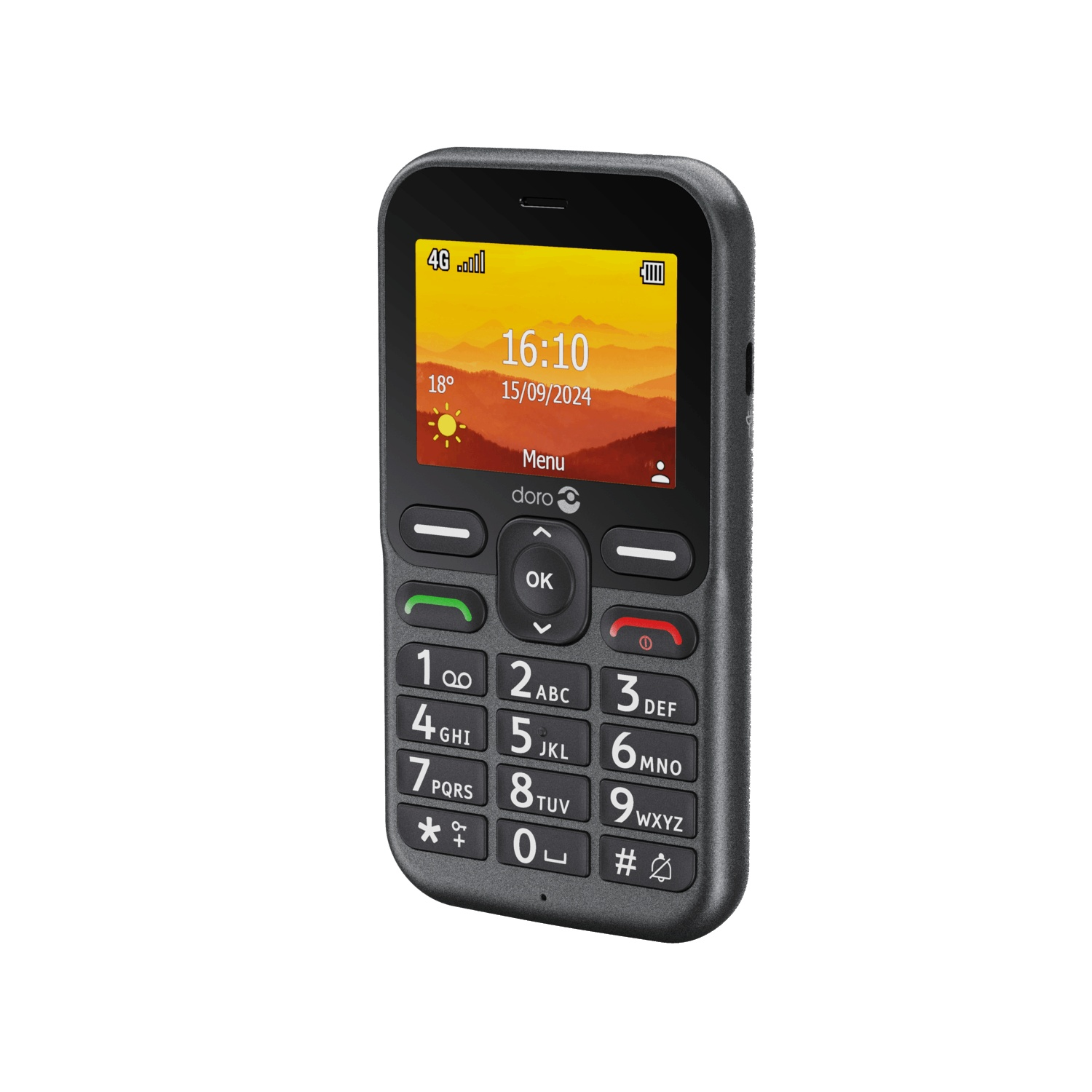 A black Doro mobile phone with a screen displaying the time, date, and signal strength. Numeric keypad with large buttons.