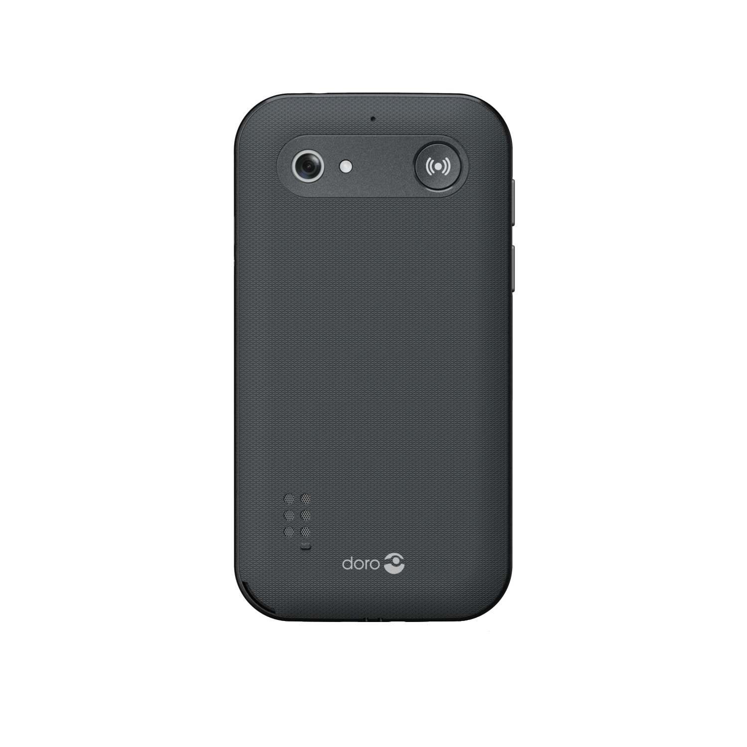 A dark gray rectangular phone. It has a camera, a button with signal icon, and the brand name 'doro' on it.