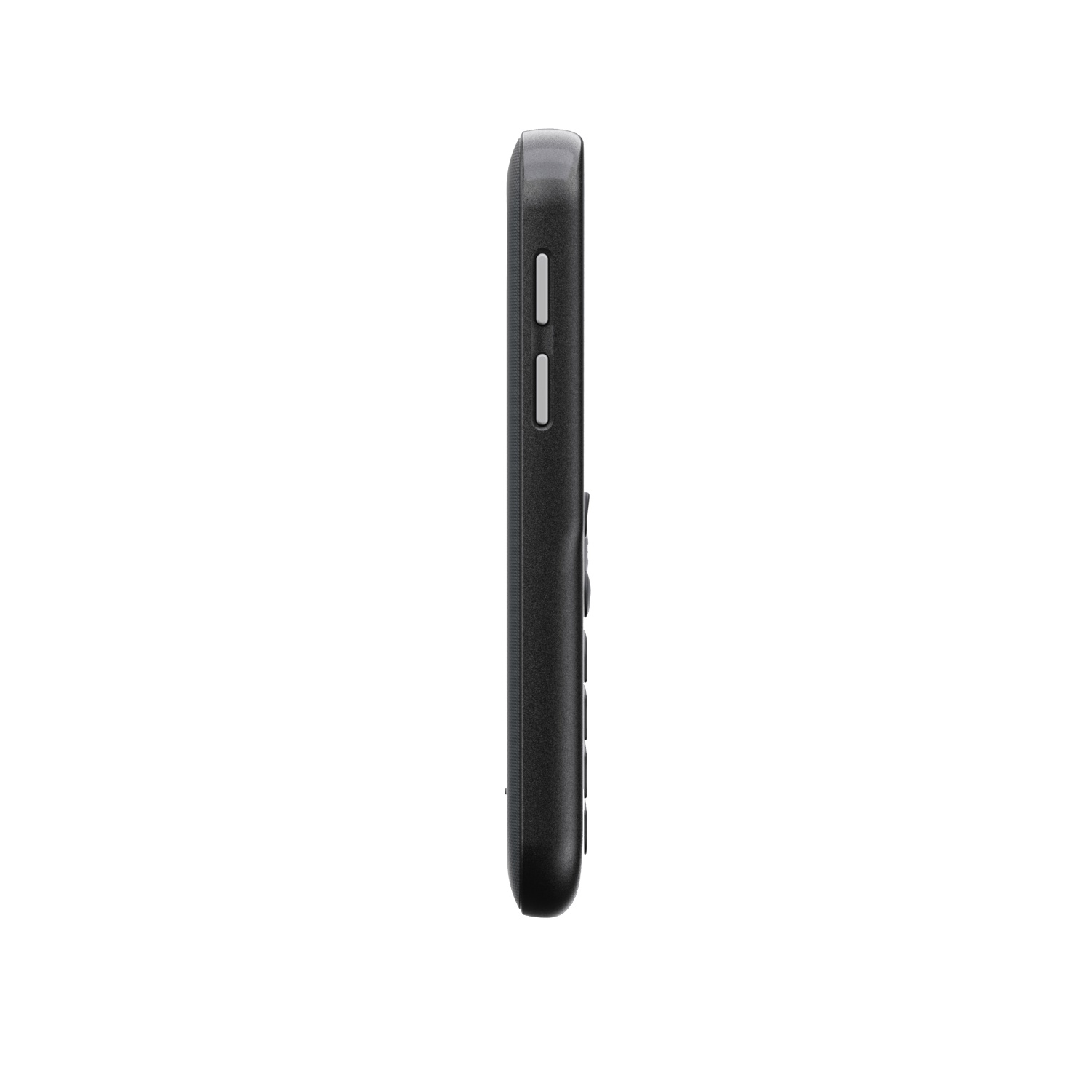 Side view of a black remote control. Two white buttons on the side, and several buttons on the front.