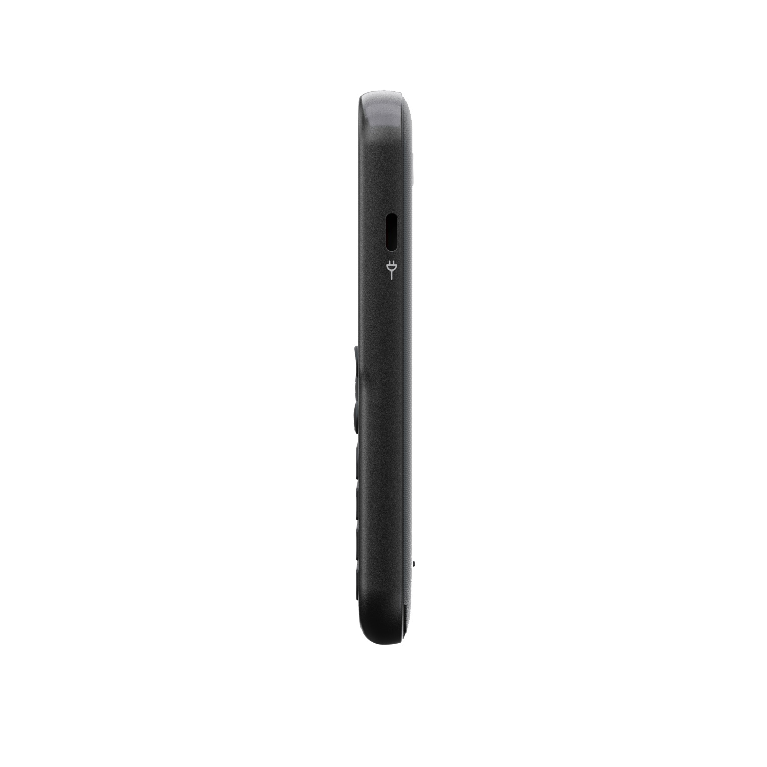 Side view of a black remote control. It has buttons and a charging port. The background is white.