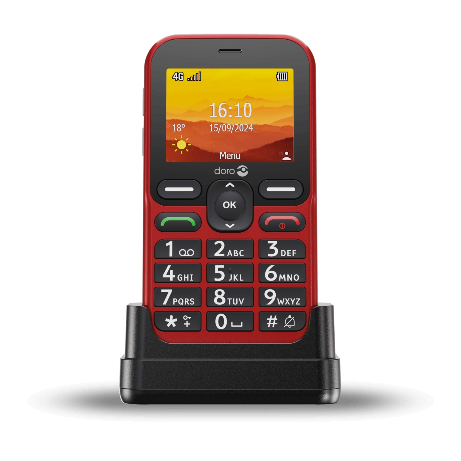 A red Doro phone with a screen displaying time and date, sitting in a black charging cradle. Numbers and buttons are visible.