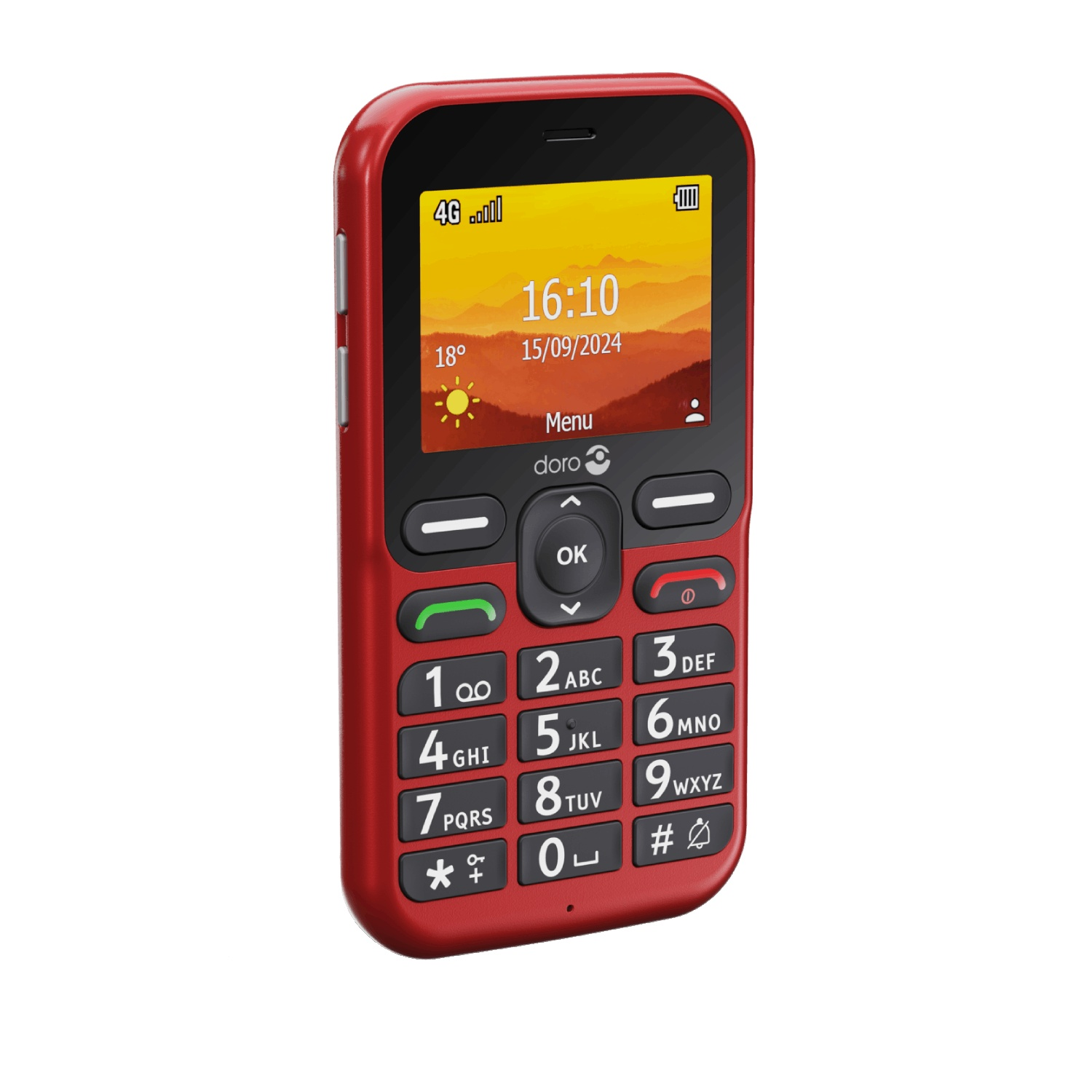 A red Doro phone displays time and date. It has a keypad and a screen with a landscape image.