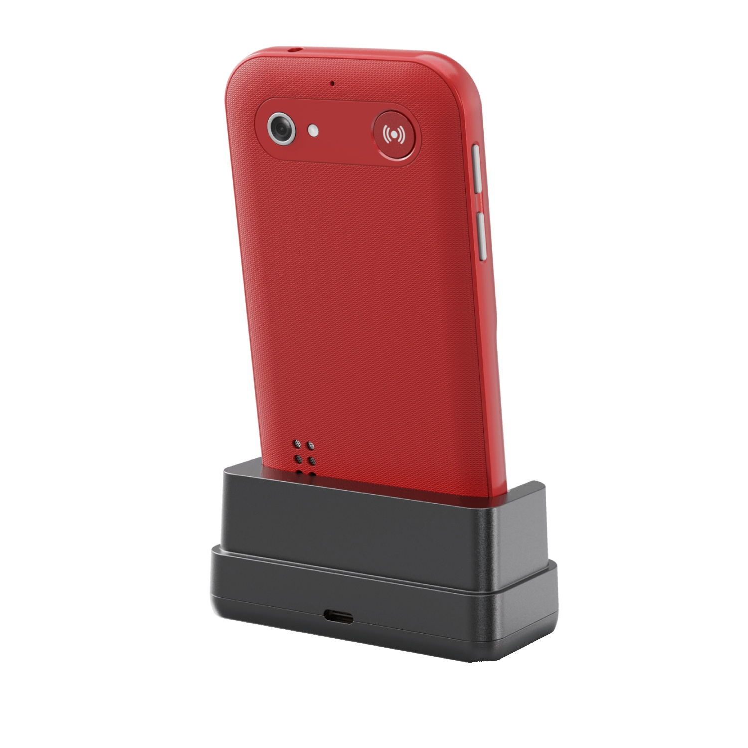 Red smartphone in a black charging dock. The phone has a camera, buttons, and a wireless charging symbol. The dock is rectangular.