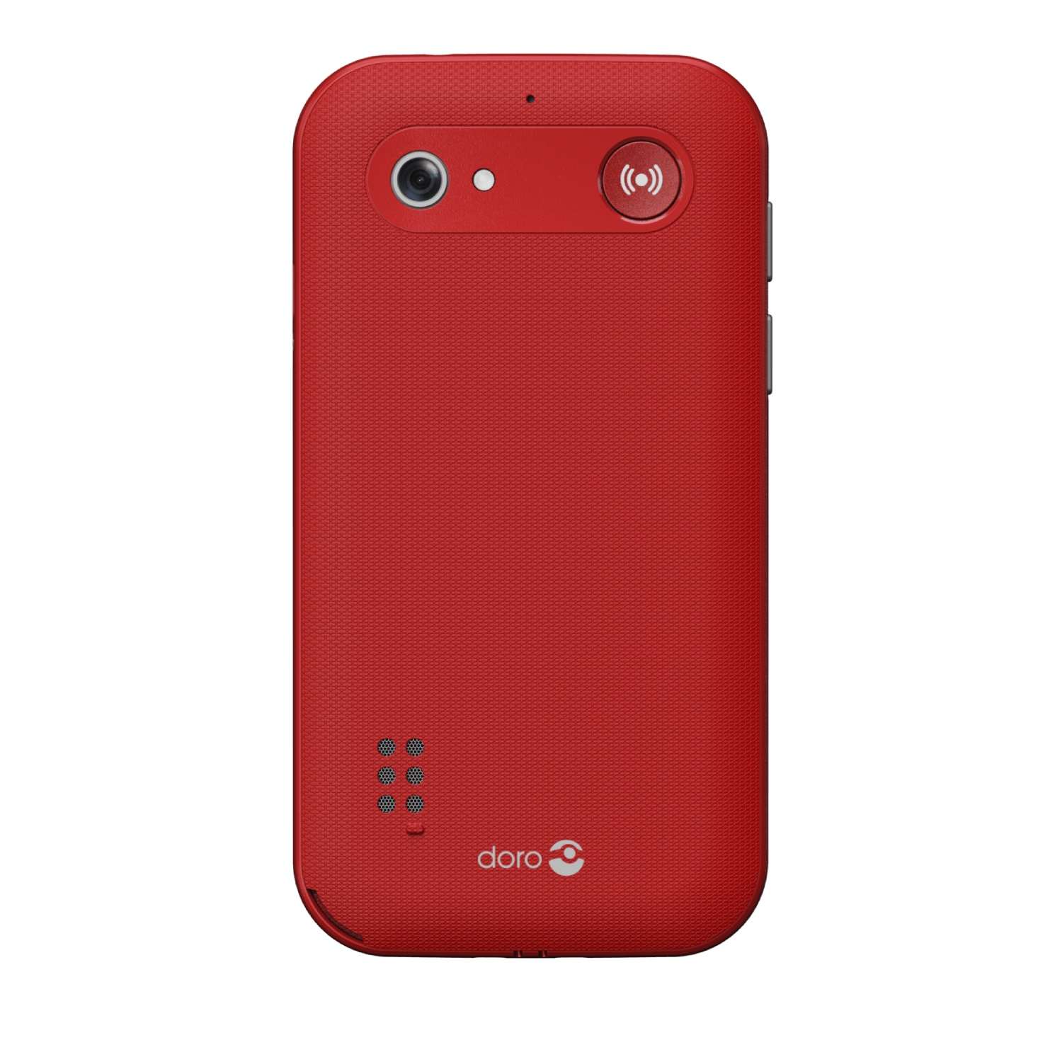 Red Doro phone back. Features a camera, button with signal icon, speaker holes, and the Doro logo. Textured surface.