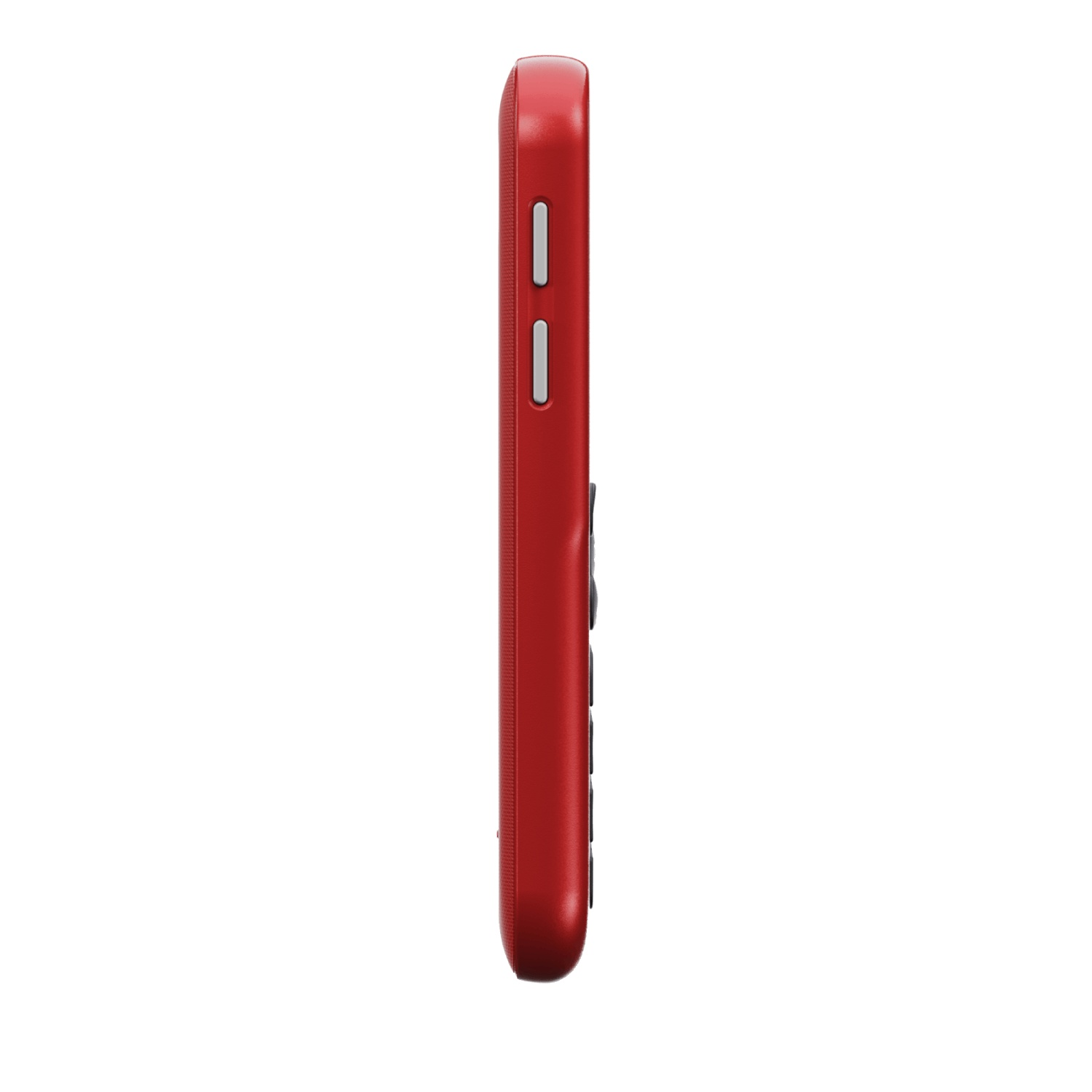 Side view of a red mobile phone. Two white buttons on the side. Multiple black buttons on the front.