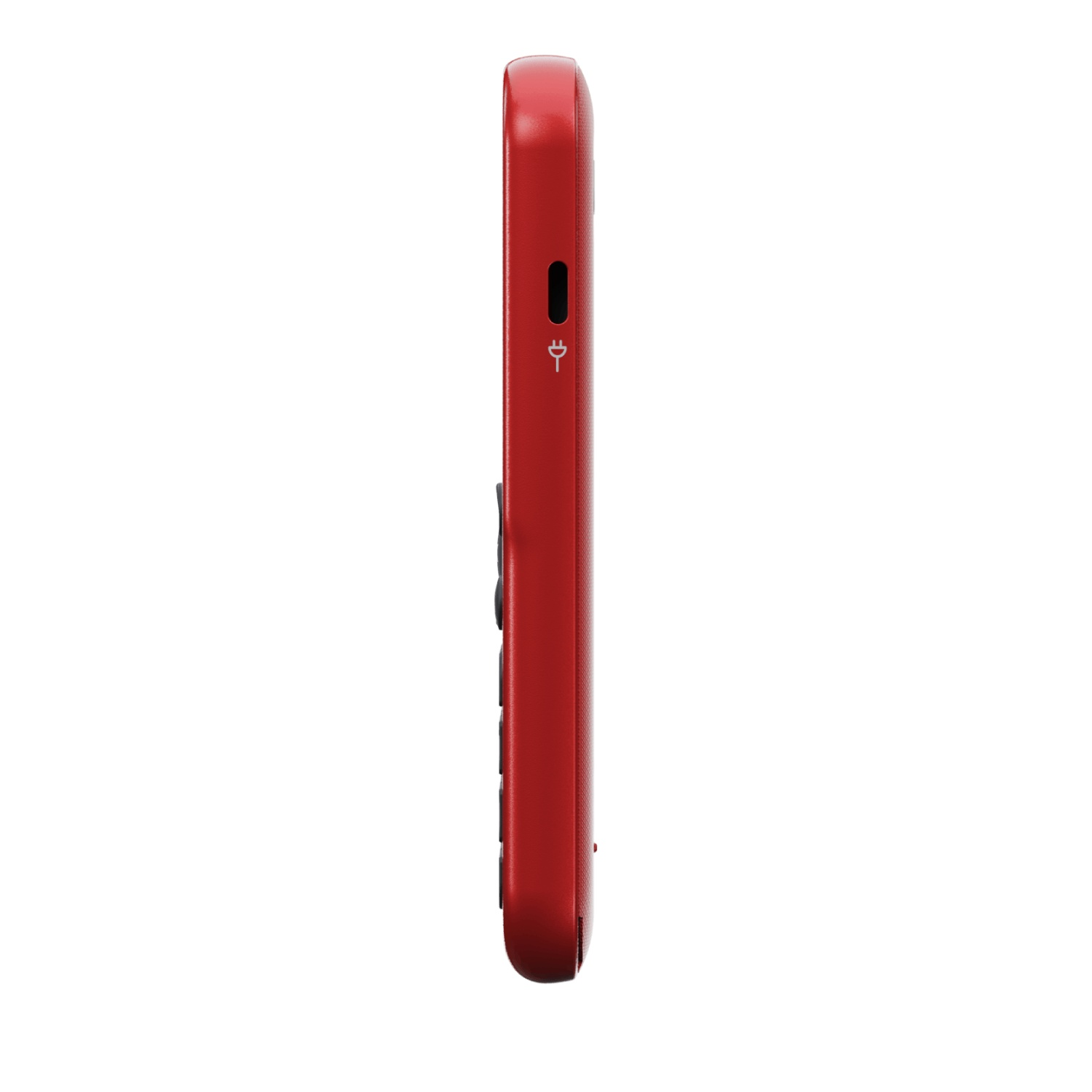 Side view of a red mobile phone. It has a charging port and buttons. The background is white.