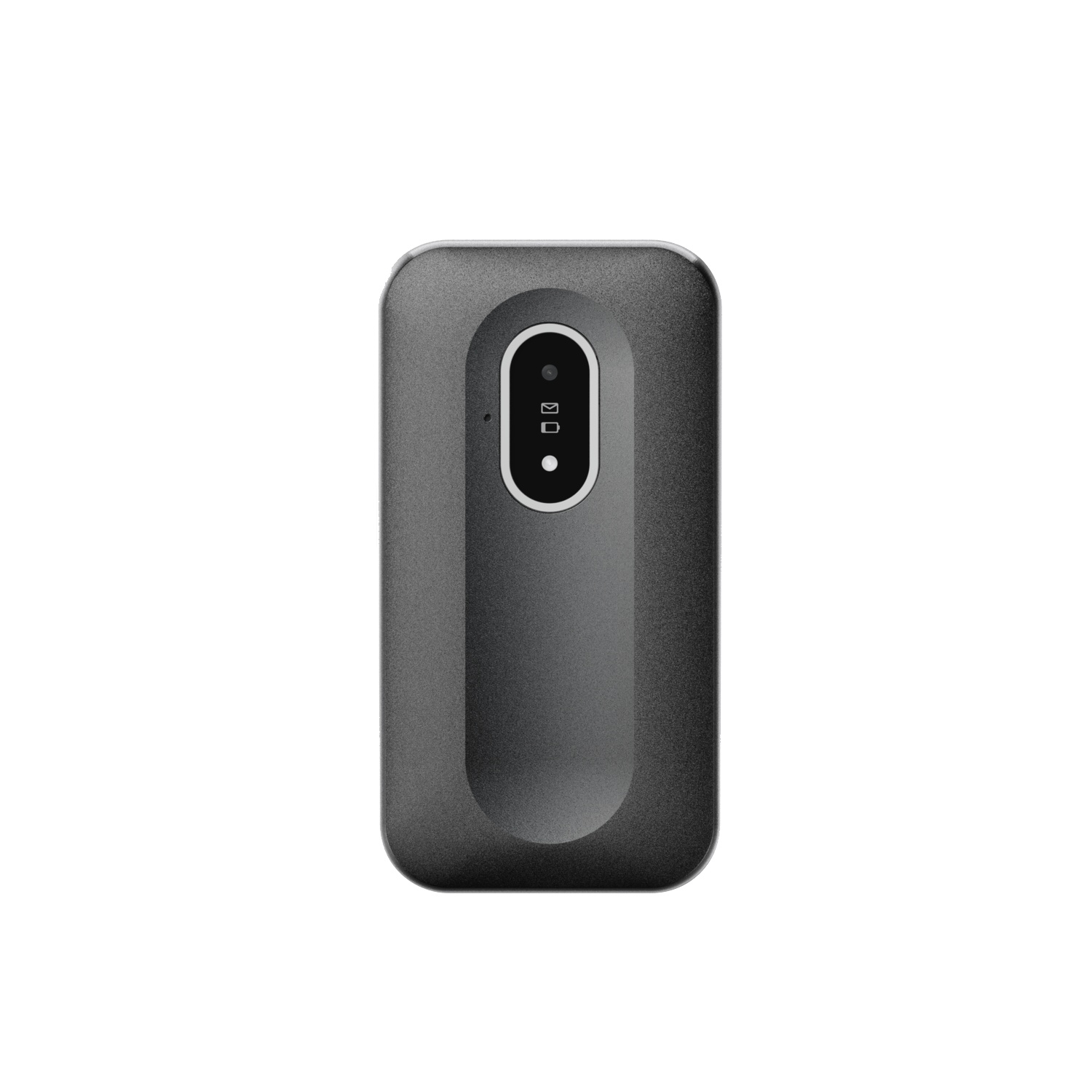 A dark gray rectangular device with rounded corners, featuring a central oval display area with icons and a dot.