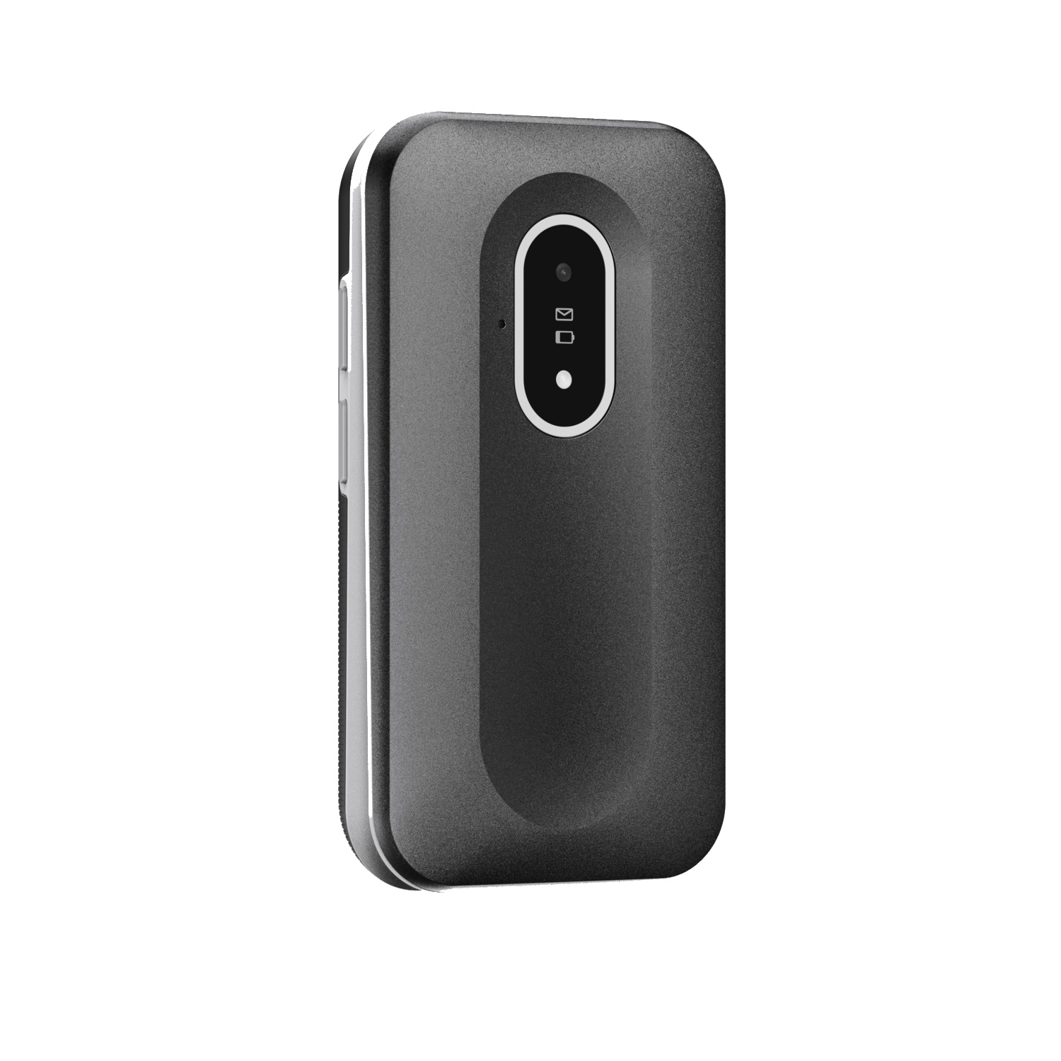 A black rectangular device with rounded corners. It has a white bordered oval with icons. The background is white.