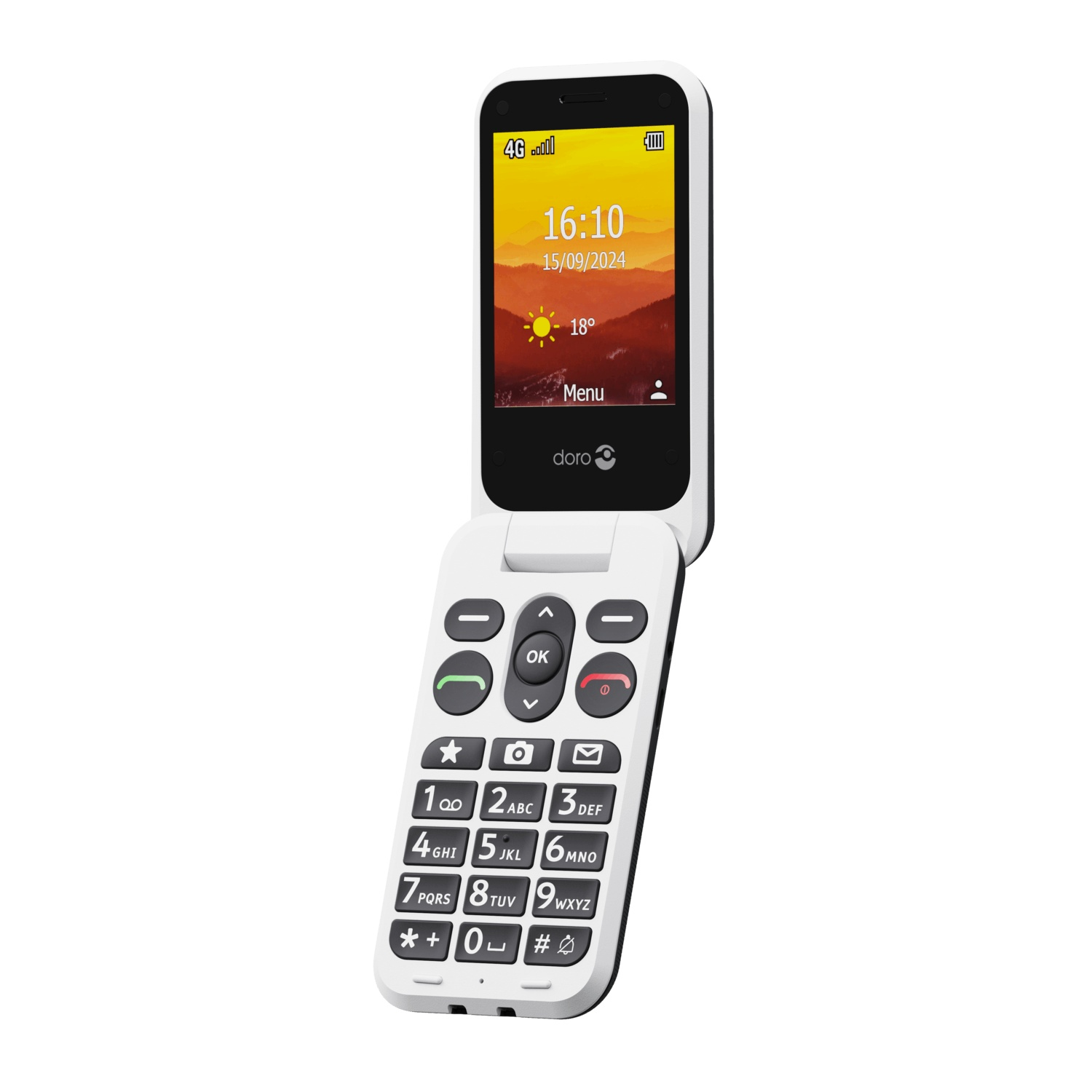 A white flip phone with a screen displaying time and date. It has a keypad with large buttons.