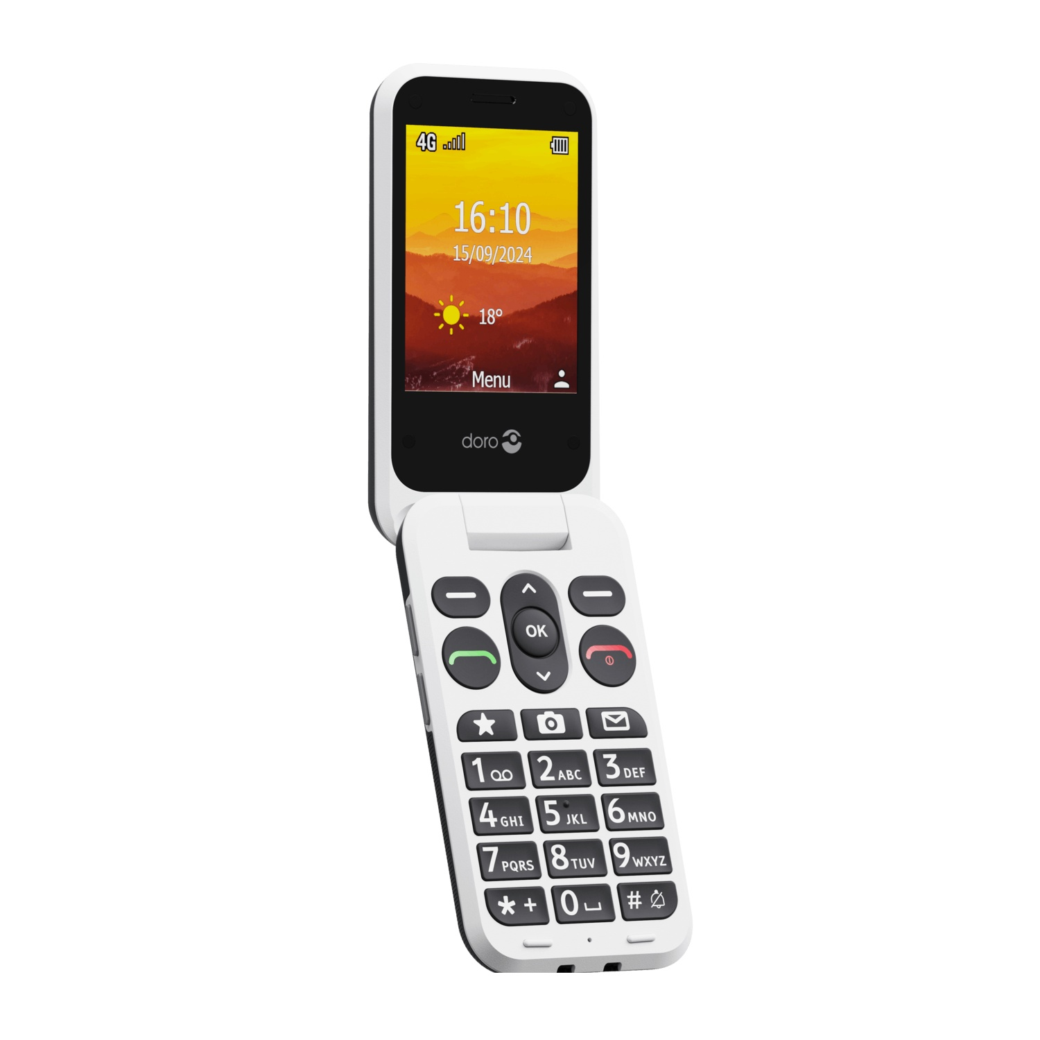 A white flip phone with a black screen displaying time, date, and temperature. It has a keypad and a Doro logo on the bottom.