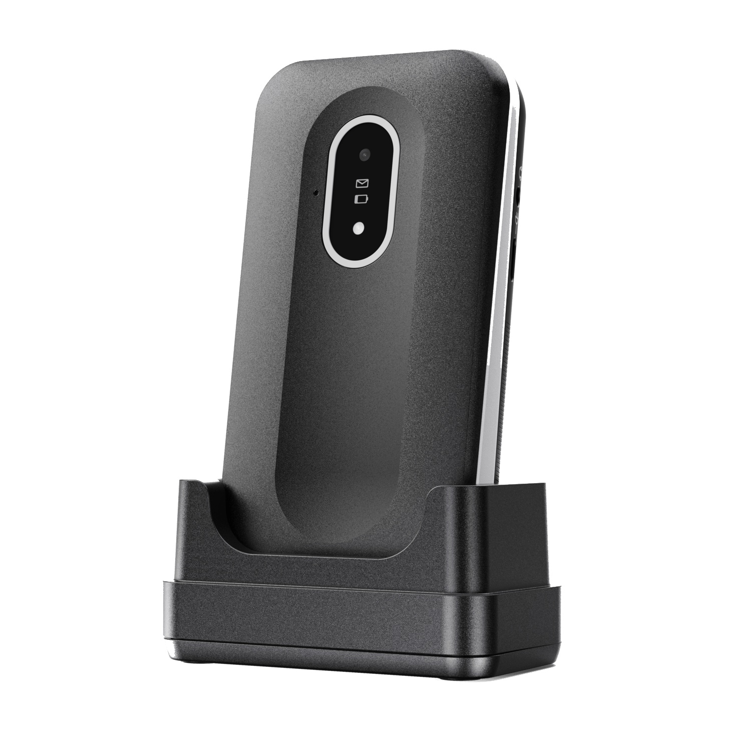 A black phone-like device in a charging dock. The device has a screen and a camera. The dock is also black.